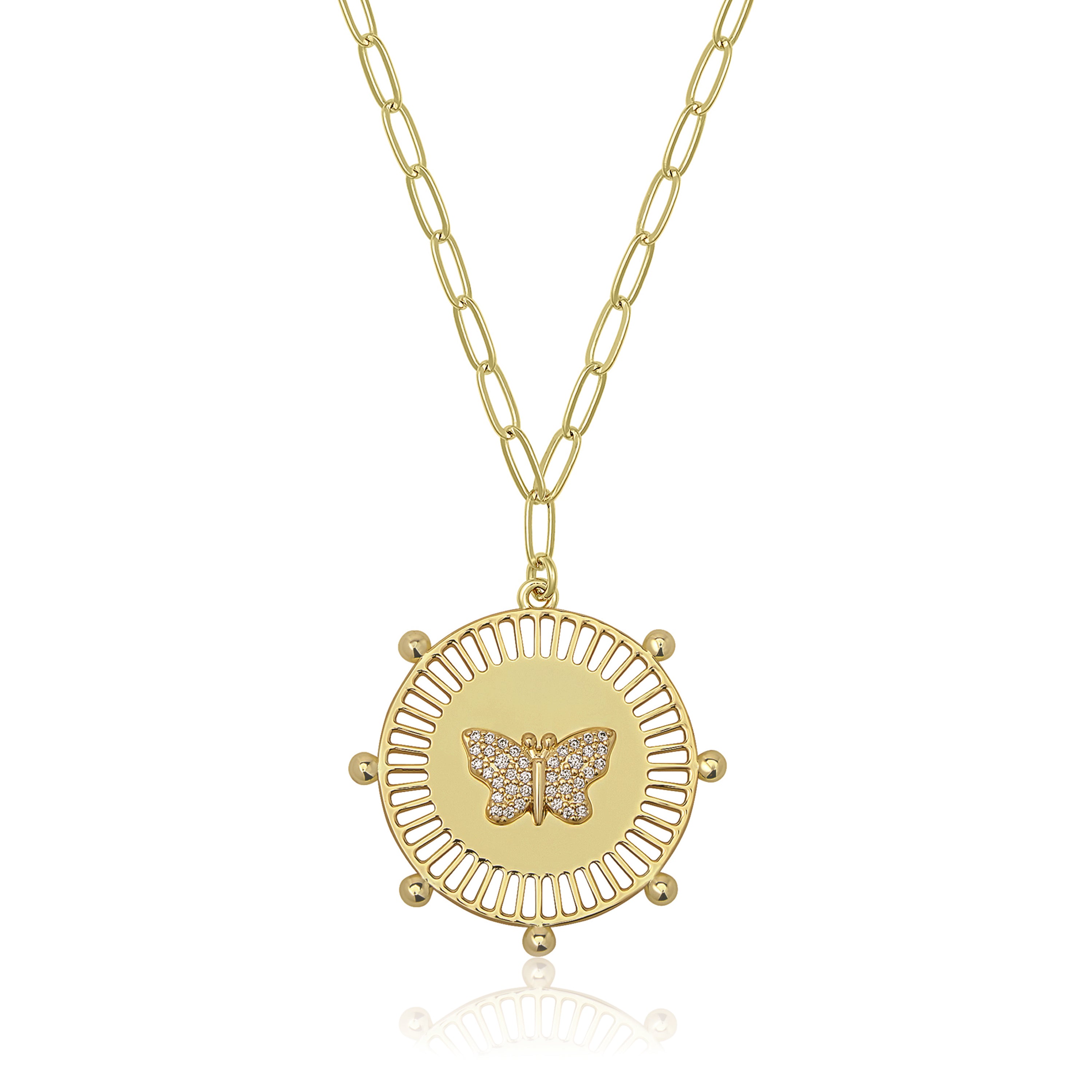 Yellow Gold Plated Pave Butterfly Medallion Necklace on Paperclip Chain Yellow Gold Plated Chain: 16-20" Length Medallion: 1.0" Diameter Butterfly: 0.5" Diameter