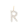 Letter R 14K Yellow Gold Diamond Letter Charm  14K Yellow Gold Diamond Carat Weight depends on the letter Each Diamond: 2MM Approximately 0.64" High X 0.50" Wide 0.25" X 0.18" Charm Bail