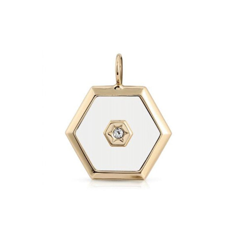 White Enamel Hexagon Crystal Center Charm Pendant 10K Yellow Gold Plated 1.56" Long X 1.17" Wide