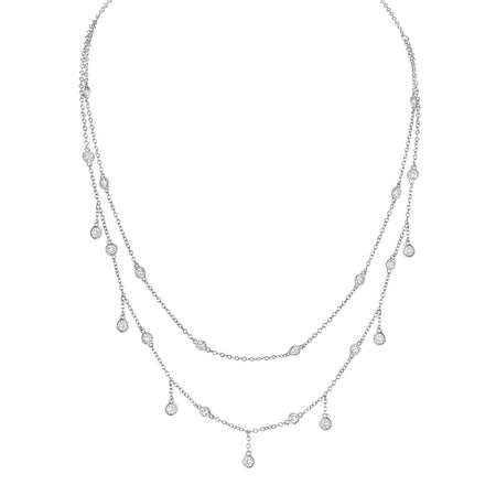 White Gold Plated Bezel Set CZ Layered Drop Necklace  White Gold Plated 16-20" Adjustable