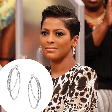 Asymmetrical Double Pave Crystal Pierced Hoop Earrings  White or Yellow Gold Plated 1.75" Long X 2.0" Wide    As worn by Tamron Hall on The Tamron Hall Show