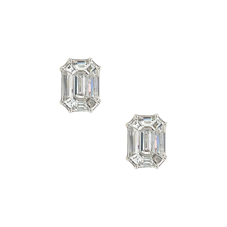 18K Gold Small Diamond Composite Emerald Shape Stud Earrings  18K White Gold 3.13 Diamond Carat Weight 0.39” Length X 0.29” Width Pierced