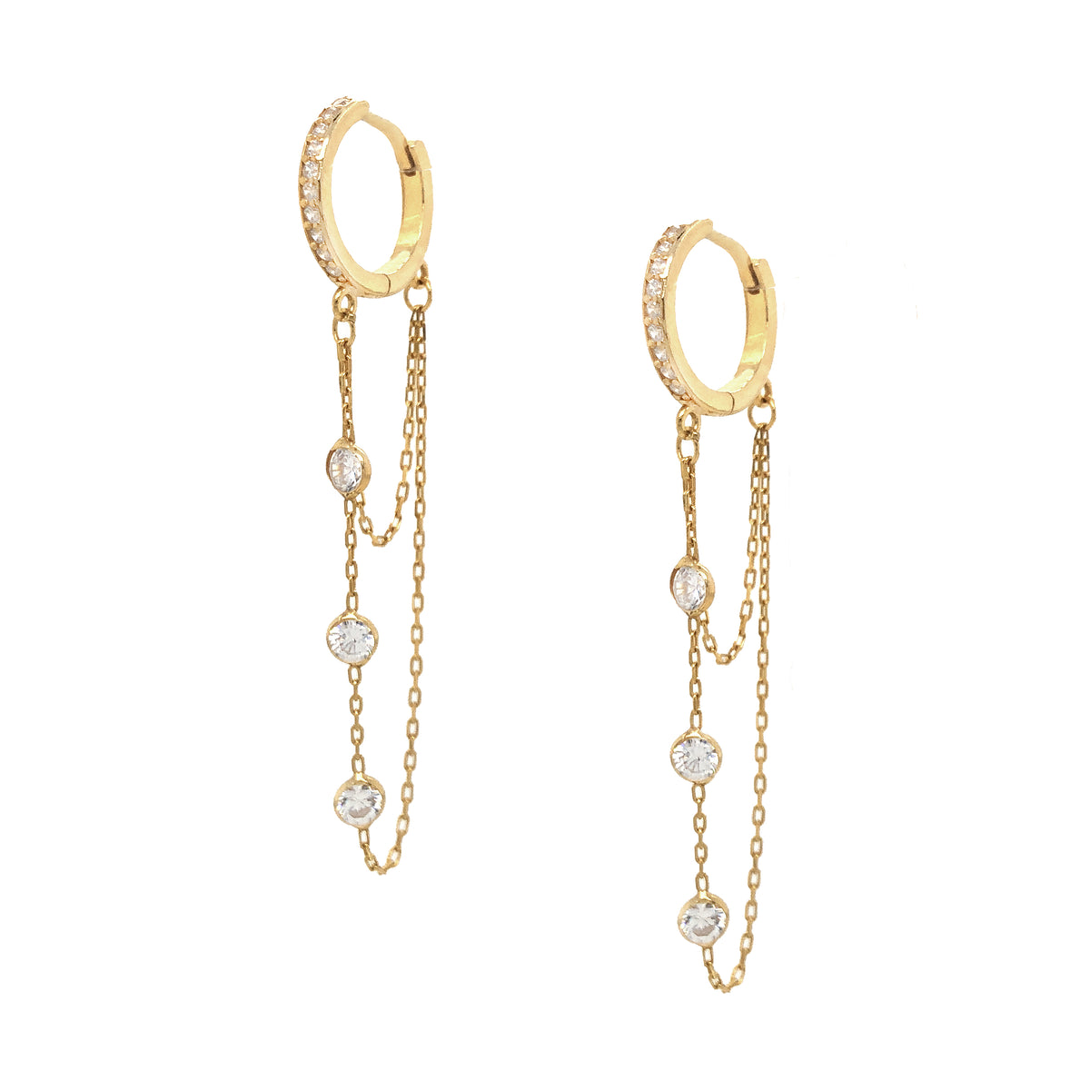 Double Chain with CZ's Pierced Huggie Earrings Yellow Gold Plated Over Silver 0.53" Huggie 2.3" Total Length