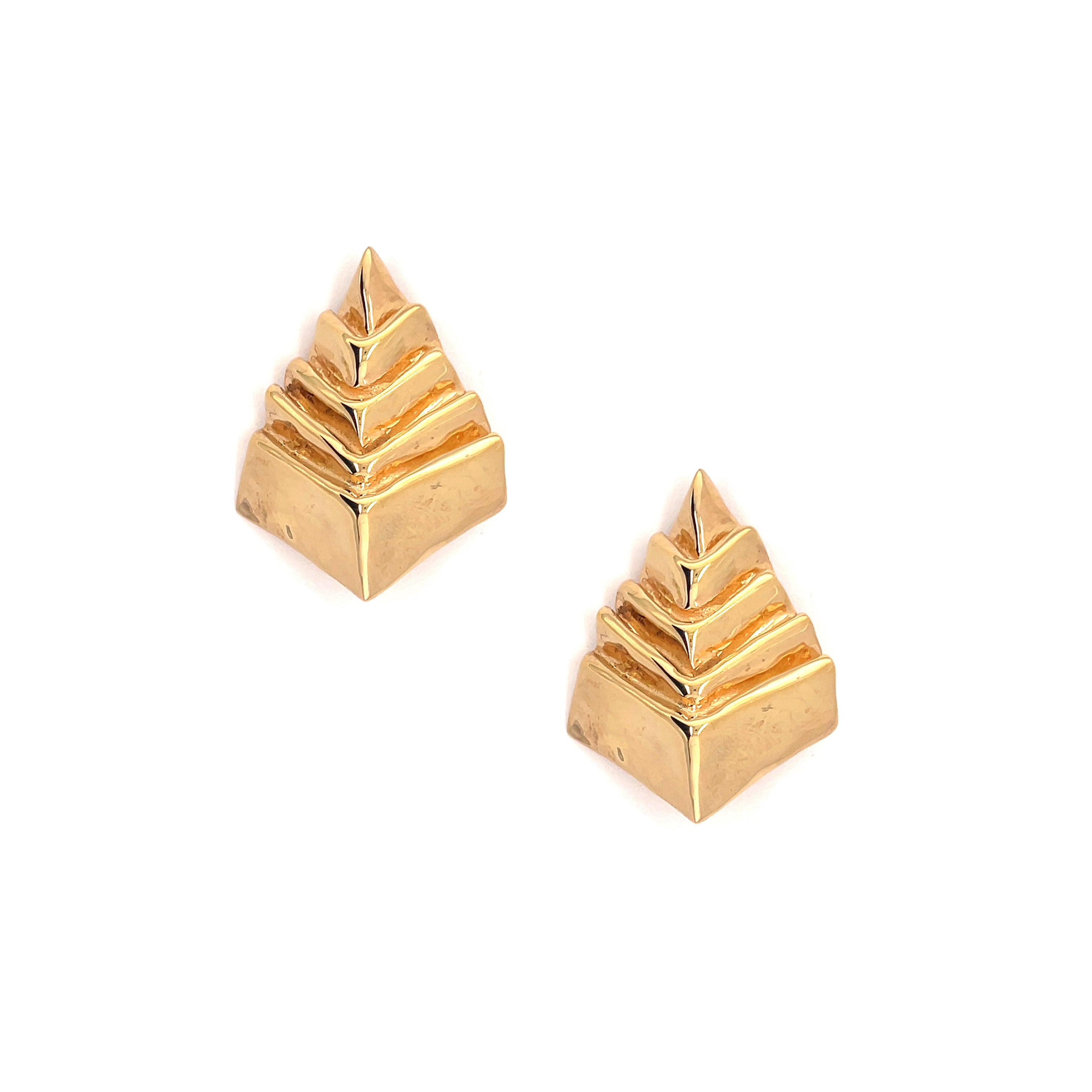 Ridged Pyramid Clip On Earrings Yellow Gold Plated 1.62" Length X 1.28" Width
