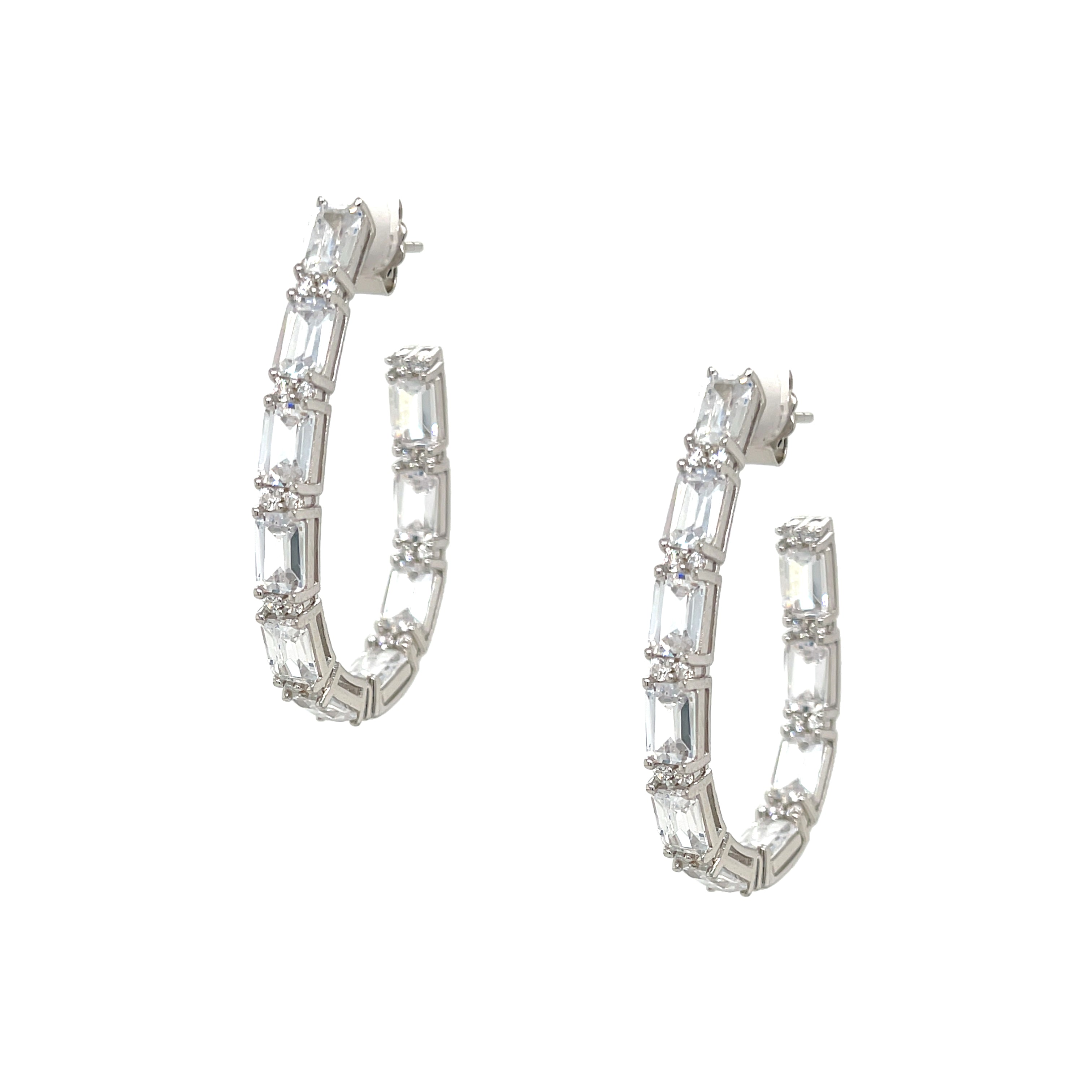 Baguette Crystals Oval Shaped Hoop Earrings White Gold Plated Over Silver Cubic Zirconia 1.60" Length X 0.16" Width Pierced