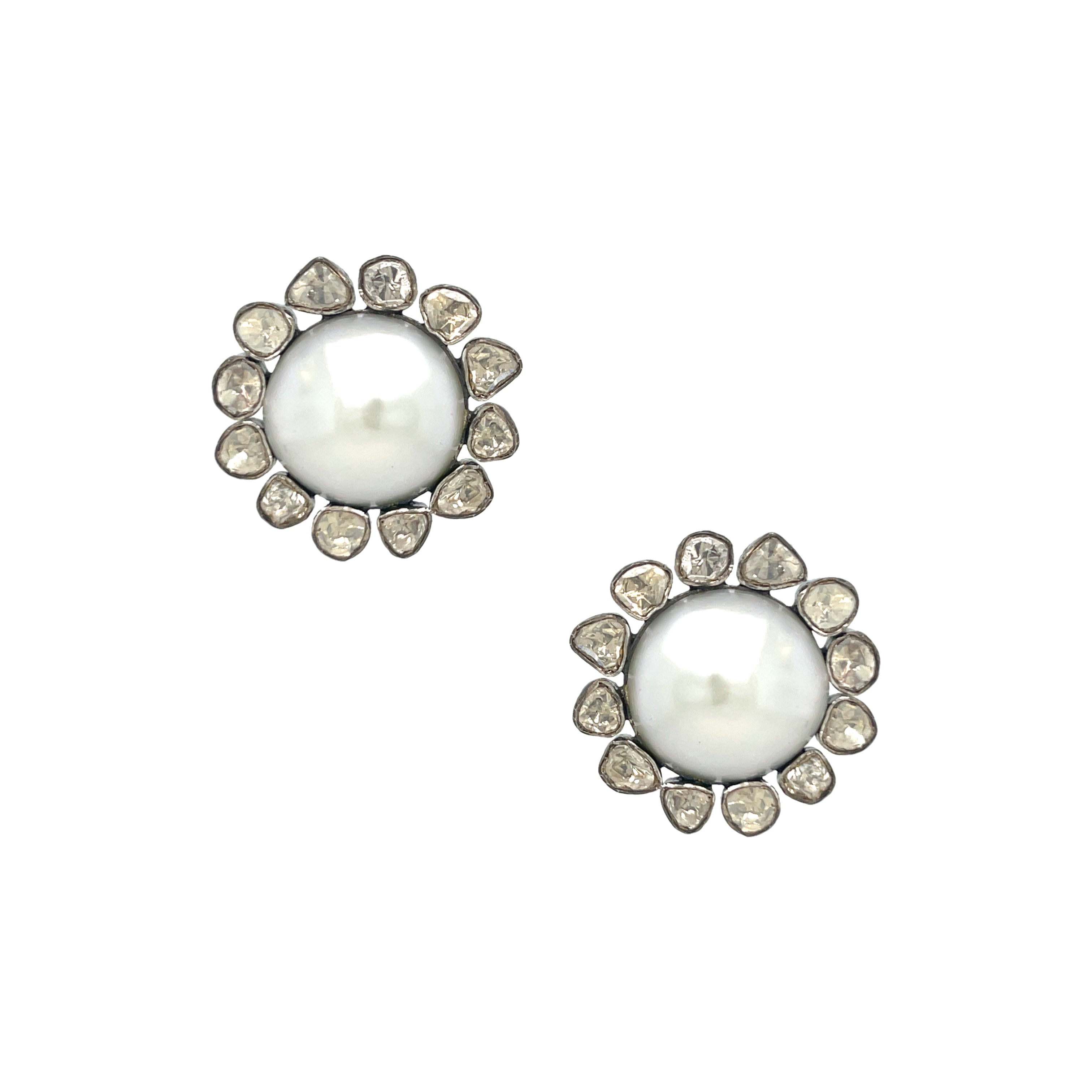 Oxidized Gold Pave Diamond Large Pearl Statement Stud Earrings Oxidized Gold Plated over Silver 4.52 Kyanite Carat Weight 1.36 Diamond Carat Weight 0.97” Diameter Pierced
