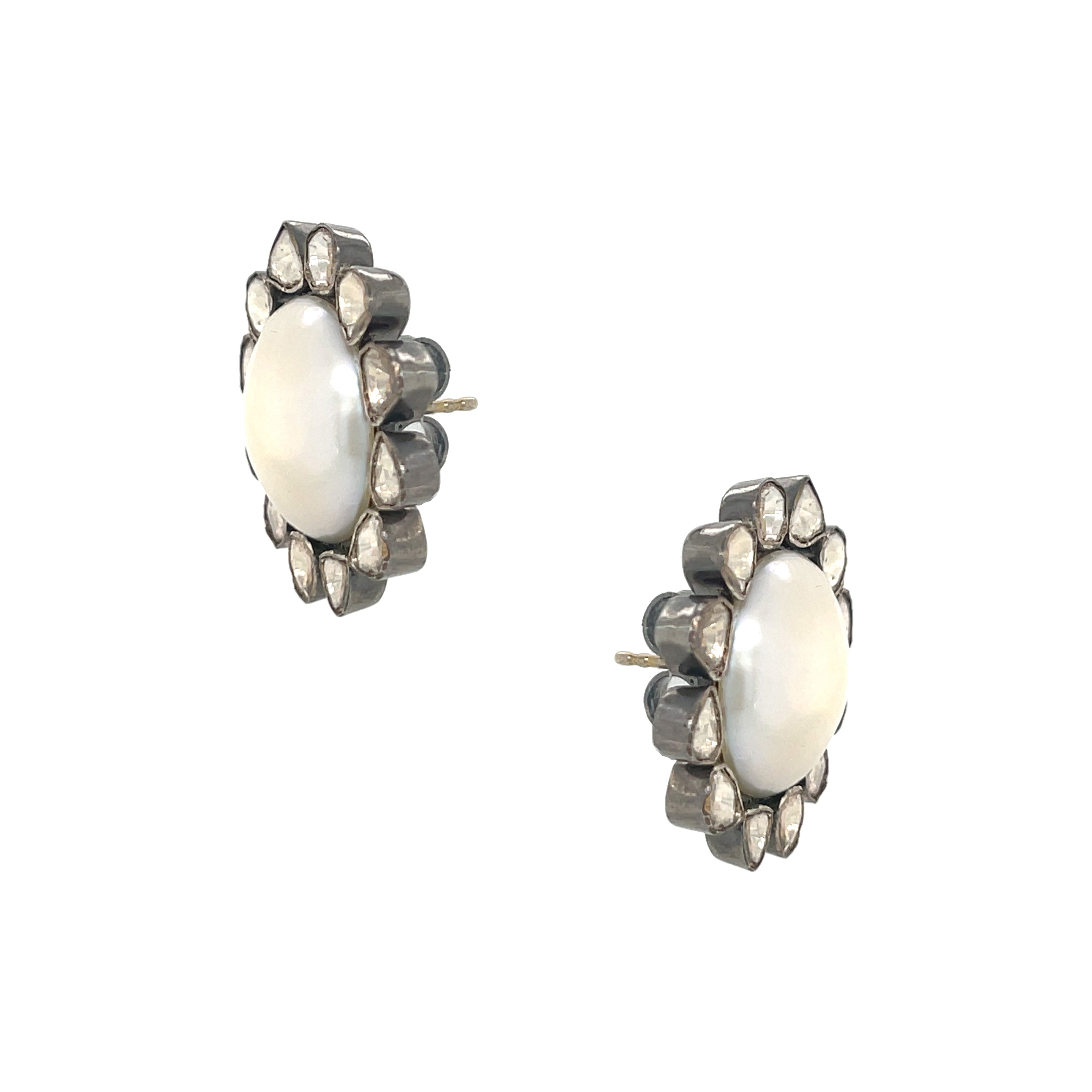 Oxidized Gold Pave Diamond Large Pearl Statement Stud Earrings Oxidized Gold Plated over Silver 4.52 Kyanite Carat Weight 1.36 Diamond Carat Weight 0.97” Diameter Pierced