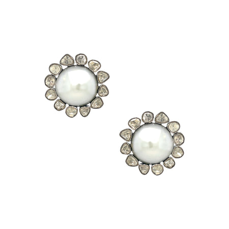 Oxidized Gold Pave Diamond Large Pearl Statement Stud Earrings  Oxidized Gold Plated over Silver 4.52 Kyanite Carat Weight 1.36 Diamond Carat Weight 0.97” Diameter Pierced