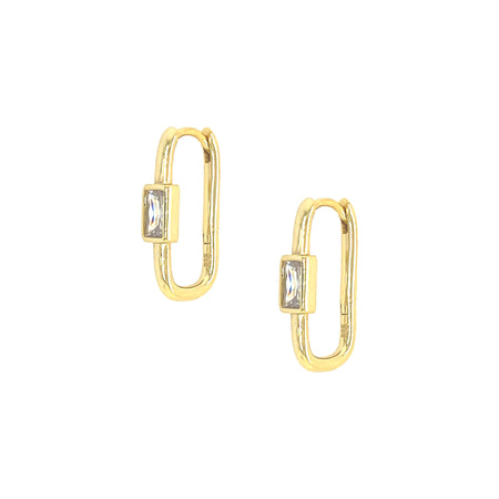 Clear CZ Bezel Rectangle Huggies Pierced Earrings  Yellow Gold Plated Over Silver 0.72" Long X 0.13" Wide