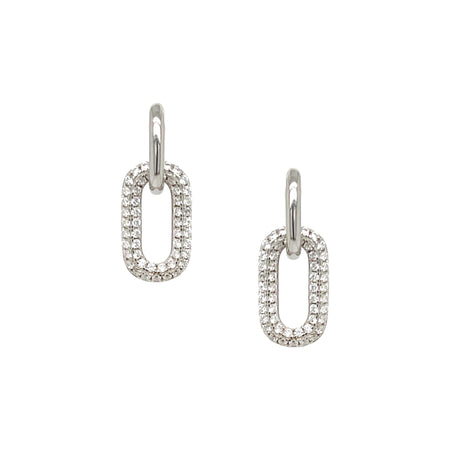 Double Rectangle CZ Link Huggie Pierced Earrings  White Gold Plated Over Silver 0.75" Long X 0.29" Wide