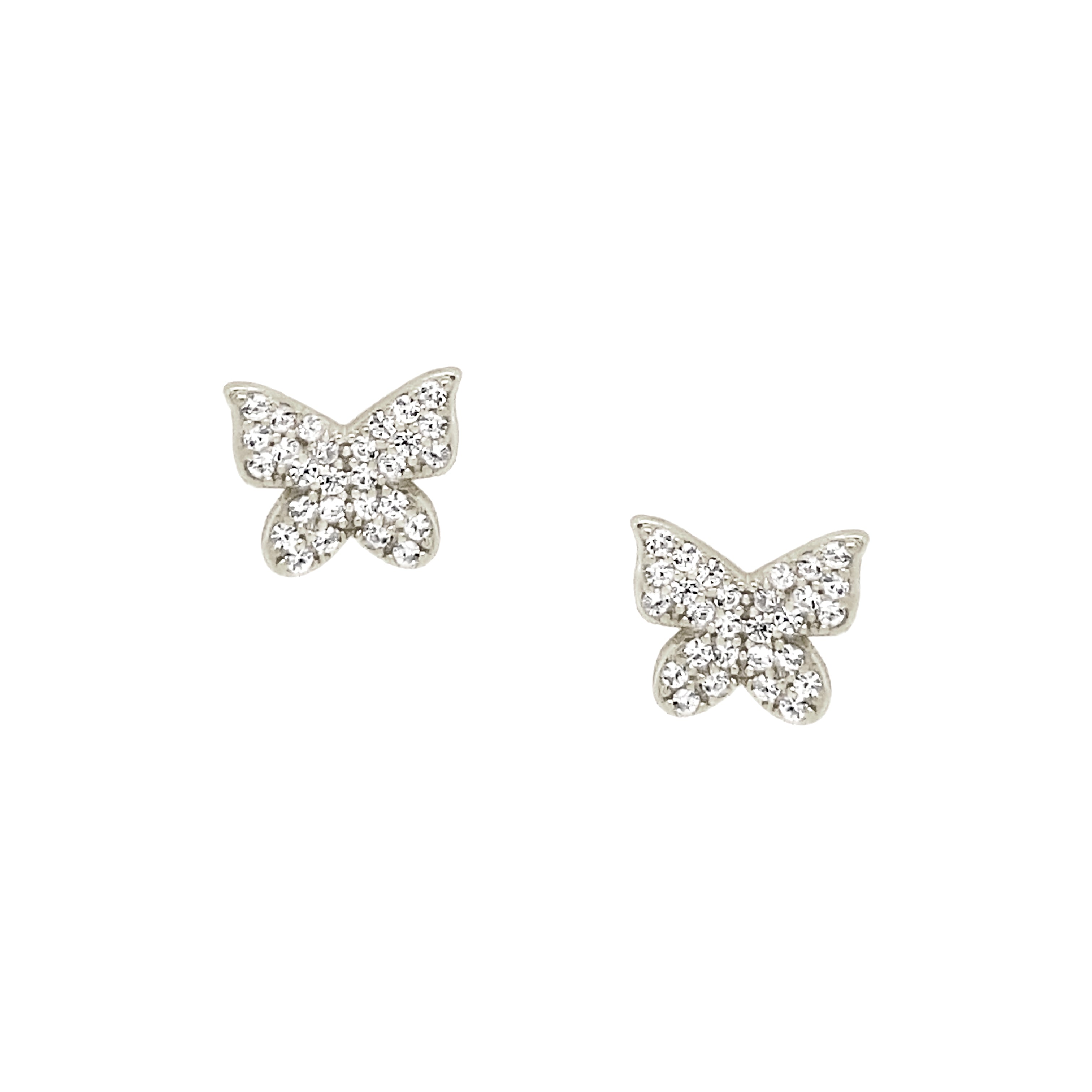 CZ Butterfly Pierced Stud Earrings White Gold Plated Over Silver 0.36" Diameter