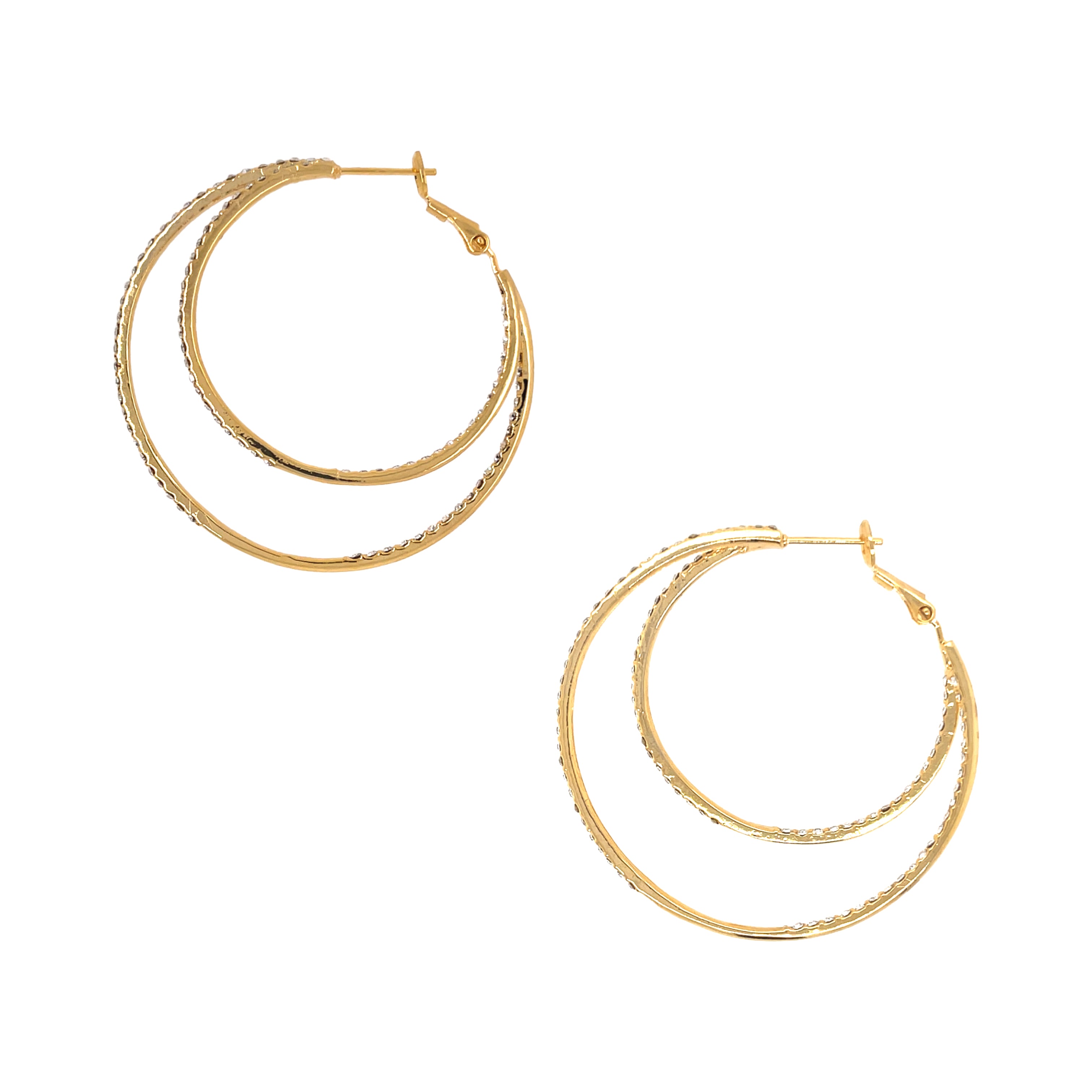 Asymmetrical Double Pave Crystal Pierced Hoop Earrings Yellow Gold Plated 1.75" Long X 2.0" Wide