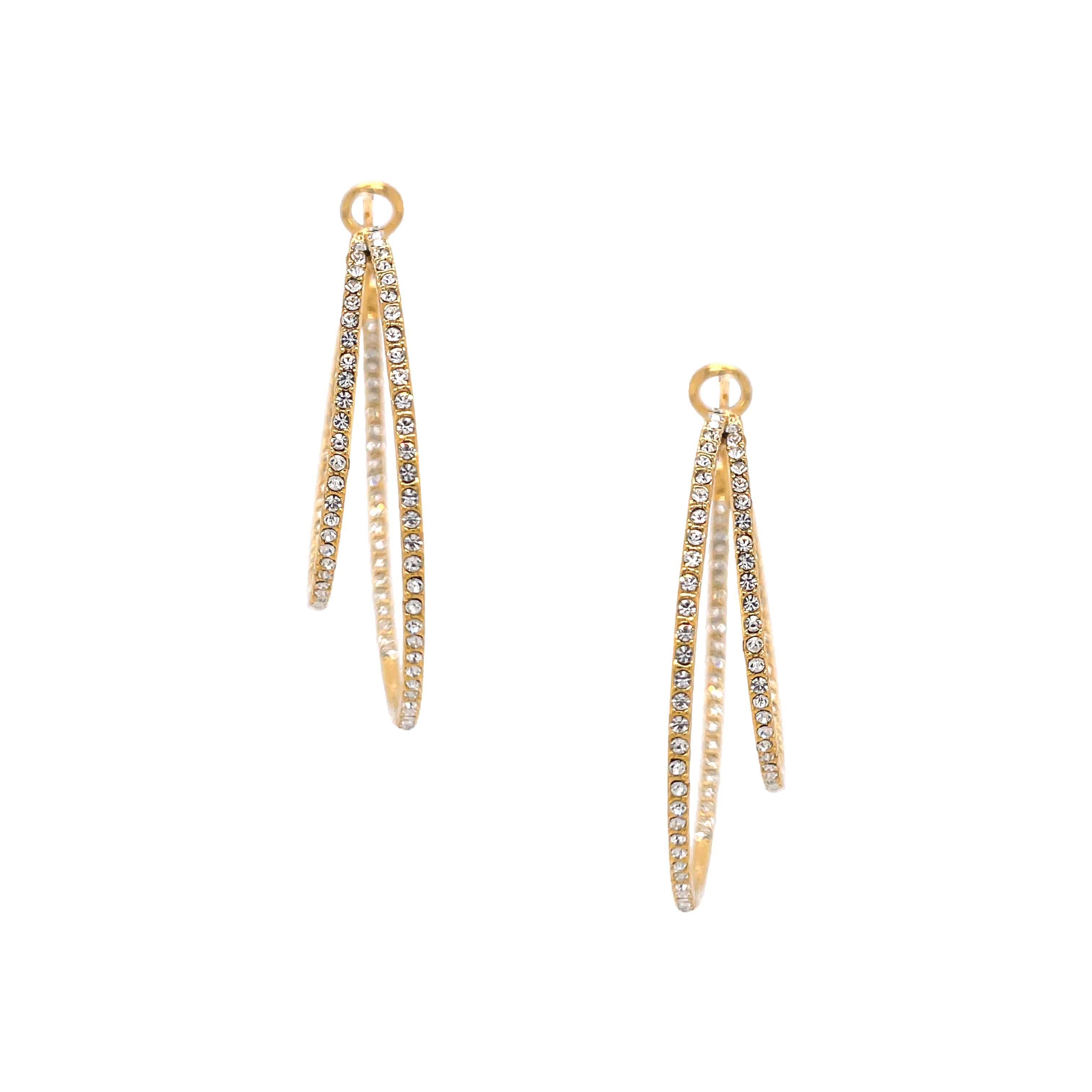 Asymmetrical Double Pave Crystal Pierced Hoop Earrings Yellow Gold Plated 1.75" Long X 2.0" Wide