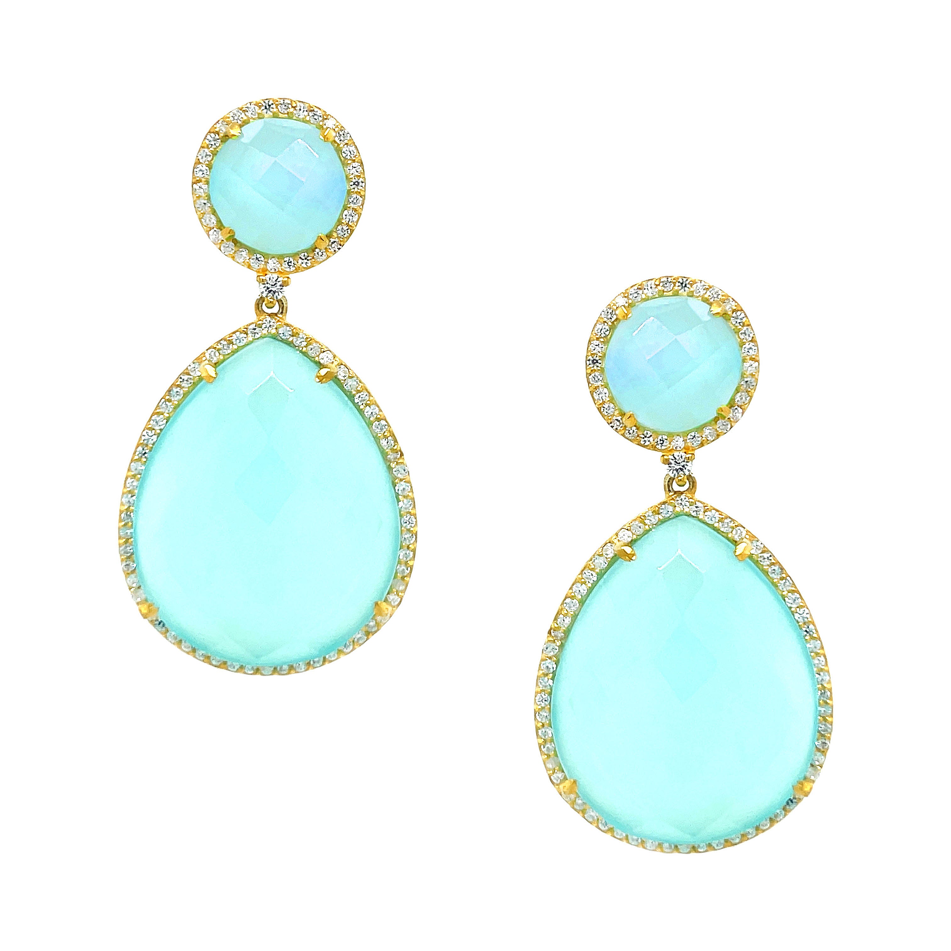 Mint Green Domed Teardrop Earrings Yellow Gold Plated over Silver Prehnite Green Chalcedony Pave Cubic Zirconia Border 1.75" Length X 0.90" Width Pierced