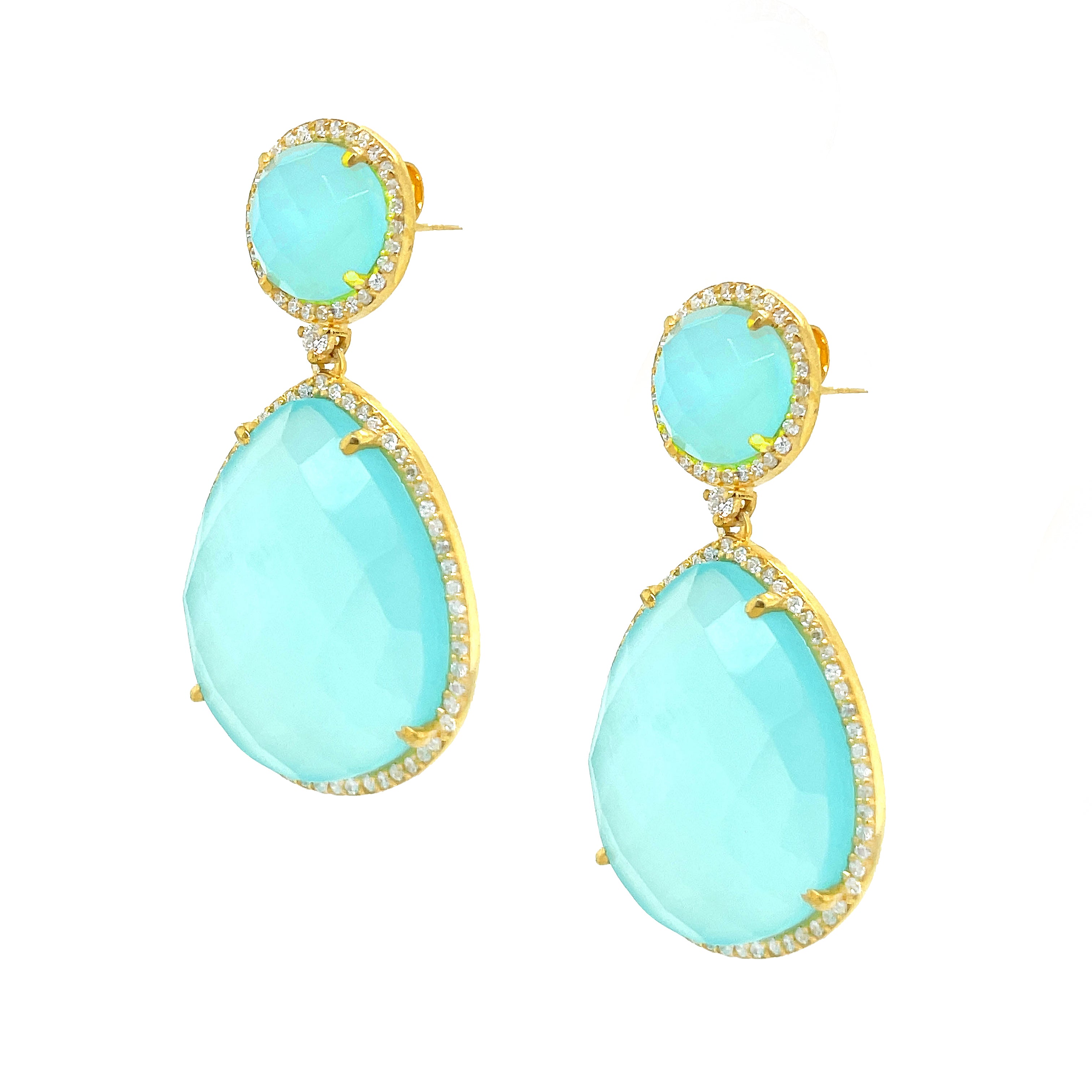 Mint Green Domed Teardrop Earrings Yellow Gold Plated over Silver Prehnite Green Chalcedony Pave Cubic Zirconia Border 1.75" Length X 0.90" Width Pierced