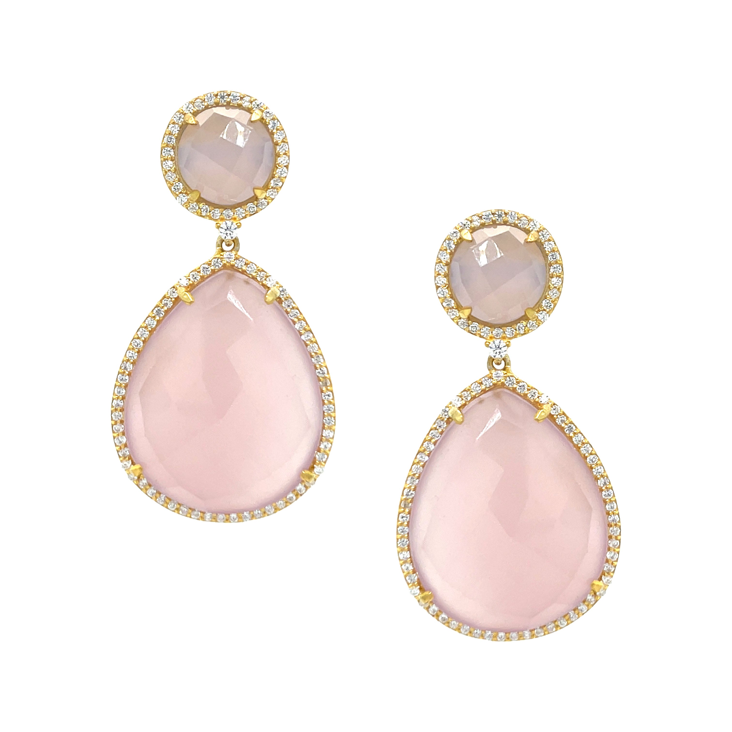 Pink Domed Teardrop Earrings Yellow Gold Plated over Silver Pink Chalcedony Pave Cubic Zirconia Border 1.75" Length X 0.90" Width Pierced