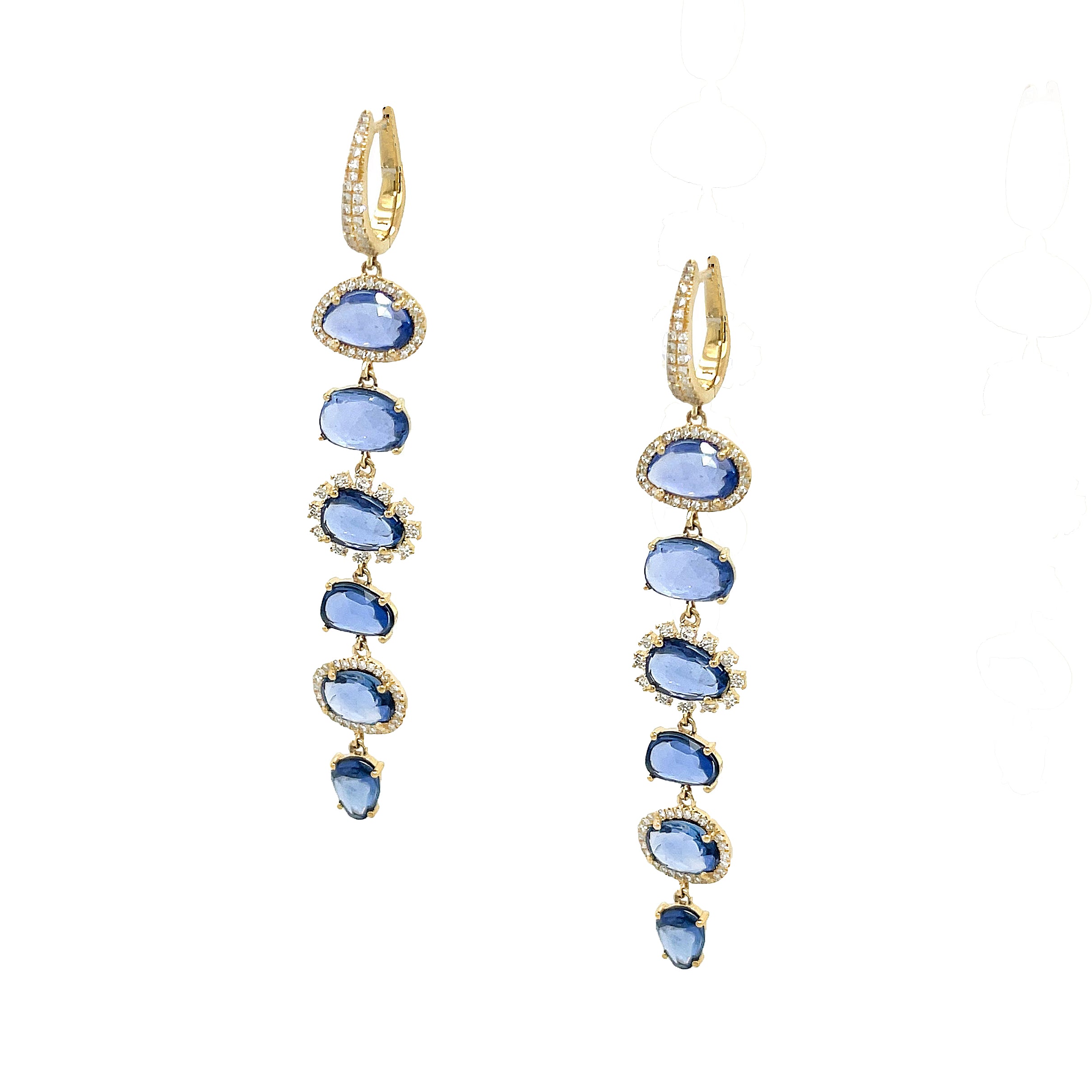 Diamond & Blue Sapphire Drop Earrings 14K Yellow Gold 0.61 Diamond Carat Weight 10.51 Blue Sapphire Carat Weight 2.64" Length X .43" Width Pierced