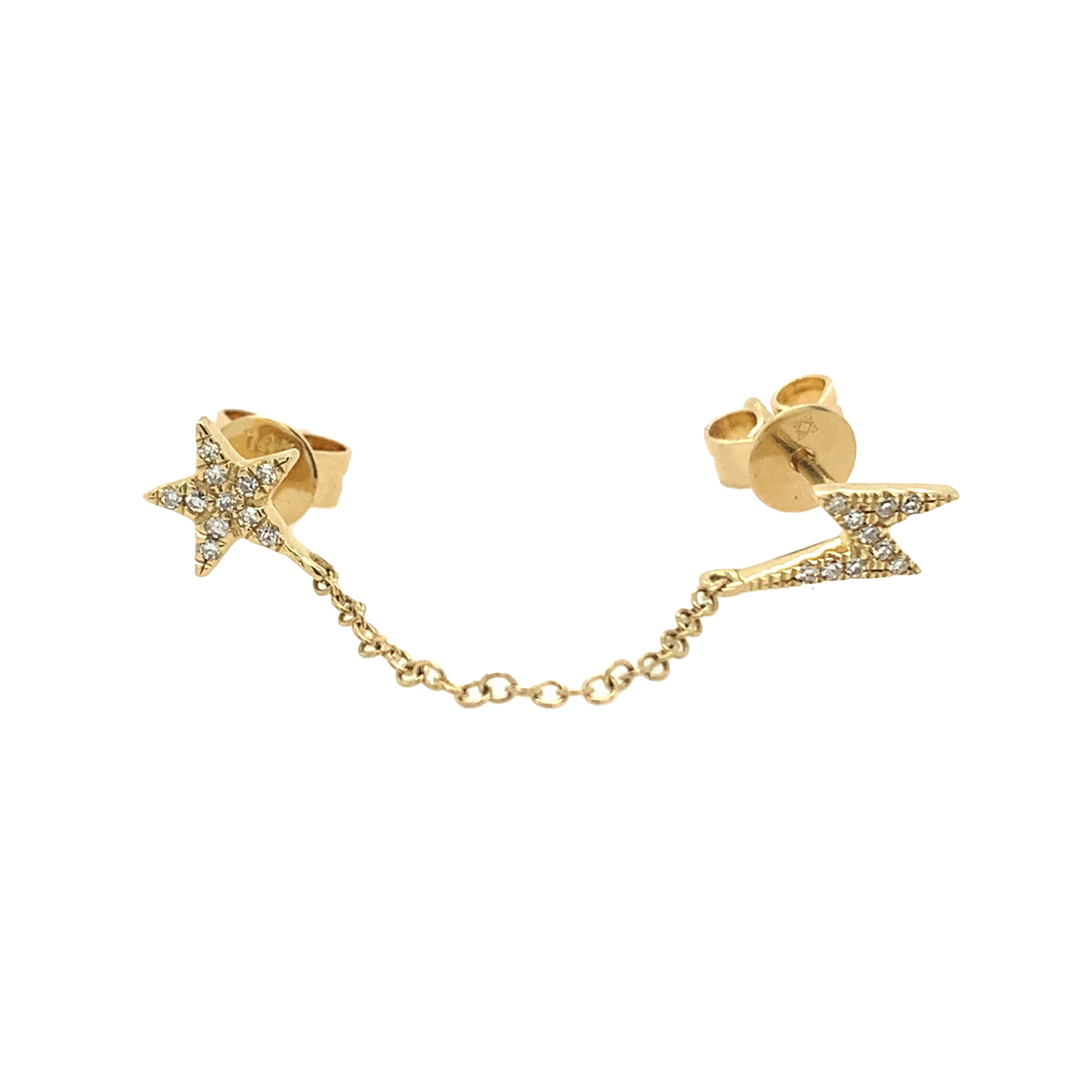 Pave Diamond Star Lighting Bolt Pierced Earring 14K Yellow Gold 0.11 Diamond Carat Weight Star: 0.22" Diameter Bolt: 0.38" Long X 0.15" Wide Chain: 1.5" Long Sold as a single