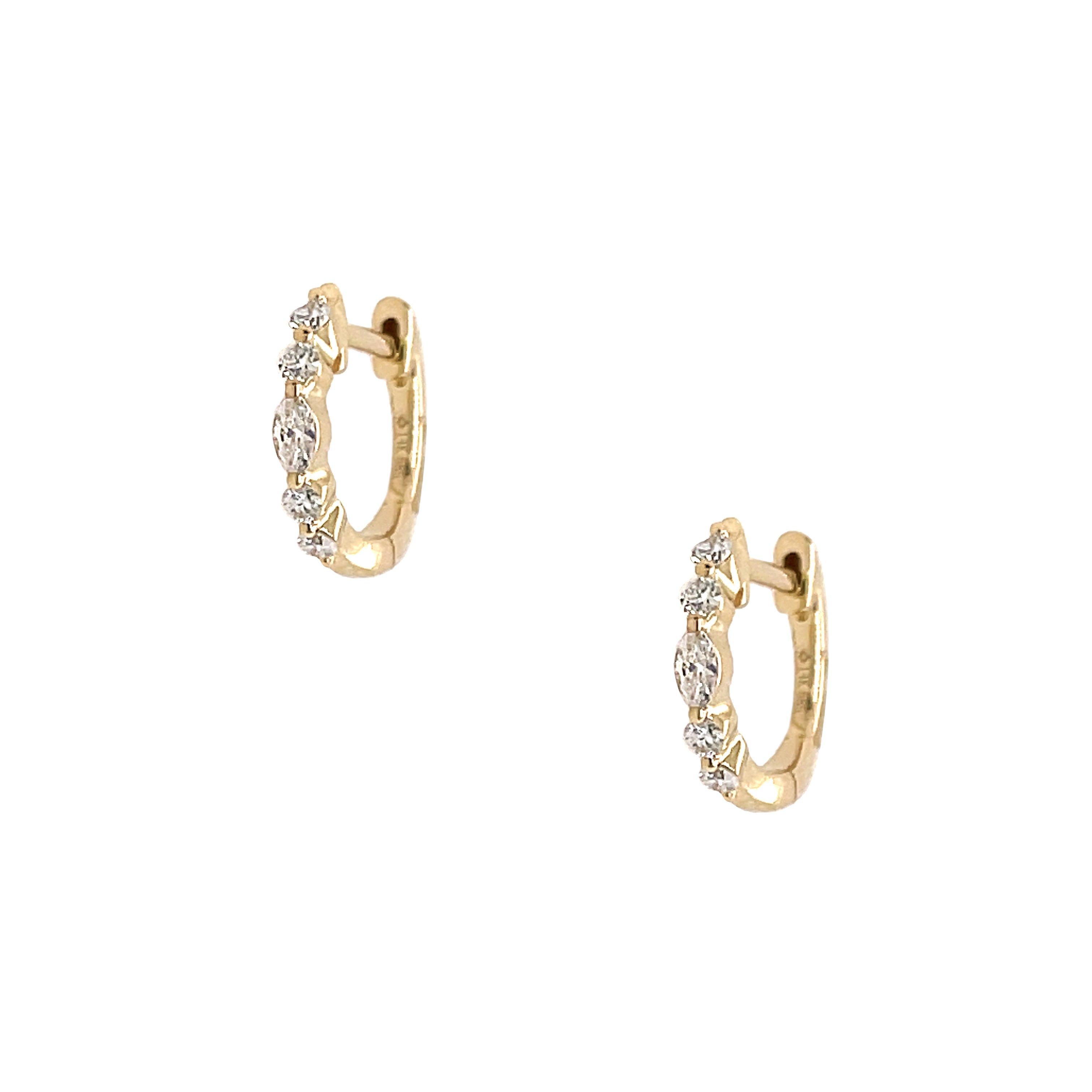 Marquis and Round Diamond Pierced Huggie Earrings 14K Yellow Gold 0.44" Height x 0.49" Length Hoop 0.07" Thick 0.22 Diamond Carat Weight