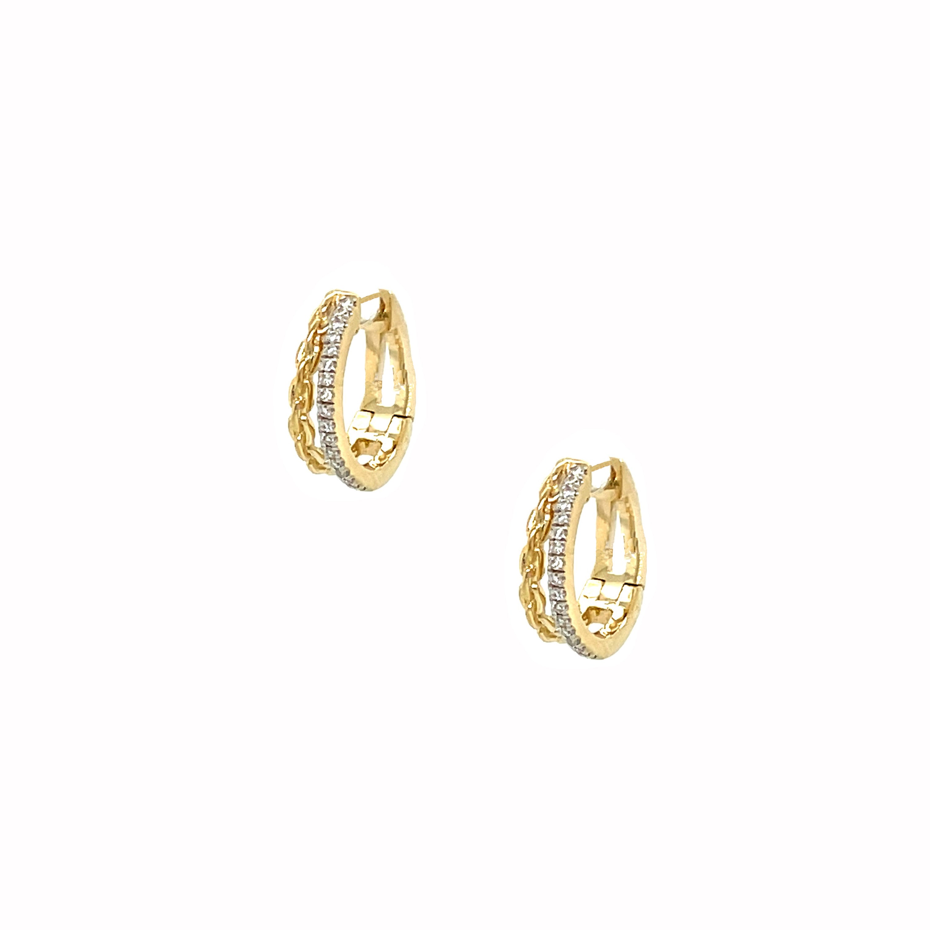 Diamond Chain Double Hoop Huggie Earrings  14K Yellow Gold  0.08 Diamond Carat Weight  0.47" Length X 0.15" Width