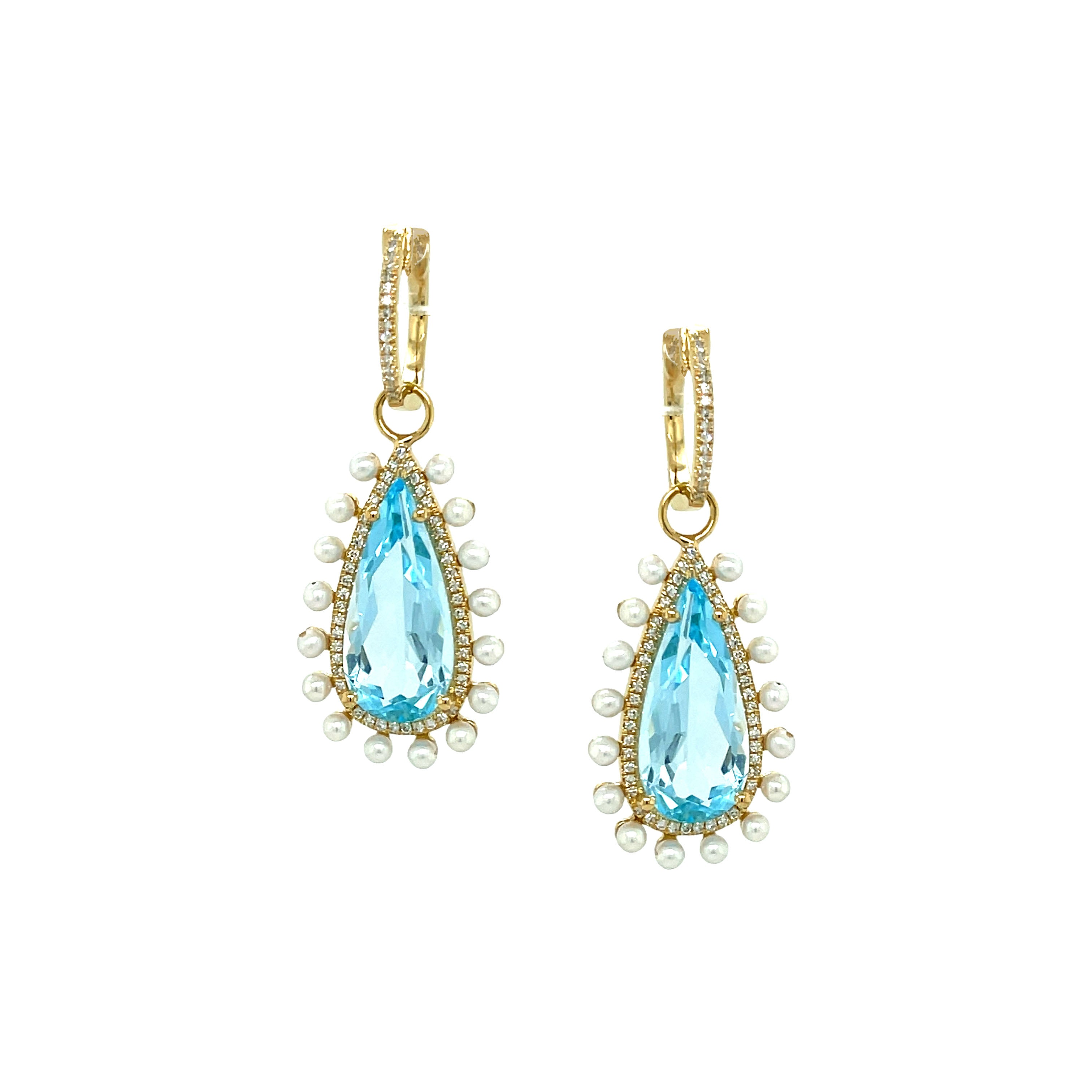 Blue Topaz & Pearl Teardrop on Pave Diamond Huggie Earrings 14K Yellow Gold 11.11 Blue Topaz Carat Weight 1.00 Pearl Carat Weight 0.36 Diamond Carat Weight 1.51" Length X 0.61" Width Pierced