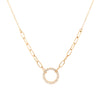 14K Gold Pave Diamond Open Circle on Mixed Chain Necklace  14K Yellow Gold 0.23 Diamond Carat Weight 18" Length Circle: 0.46" Diameter Paperclip Chains: 1.35" Length