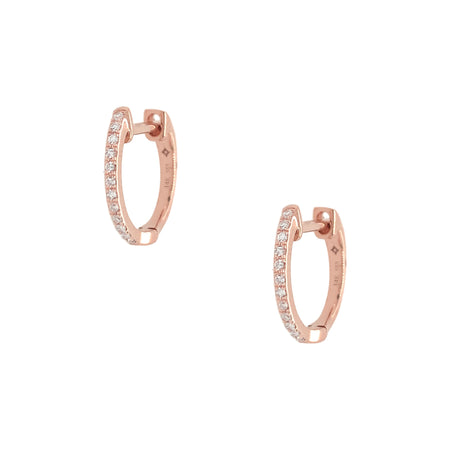 Pave Diamond Small Huggie Hoop Pierced Earrings   14K Rose Gold 0.07 Diamond Carat Weight 0.50" Diameter