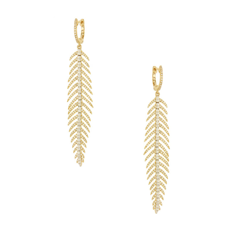 Pave Diamond Feather Drop Pierced Earrings • 14K Yellow & White Gold • 2.75" L X .5" W • Diamond 1.29CT