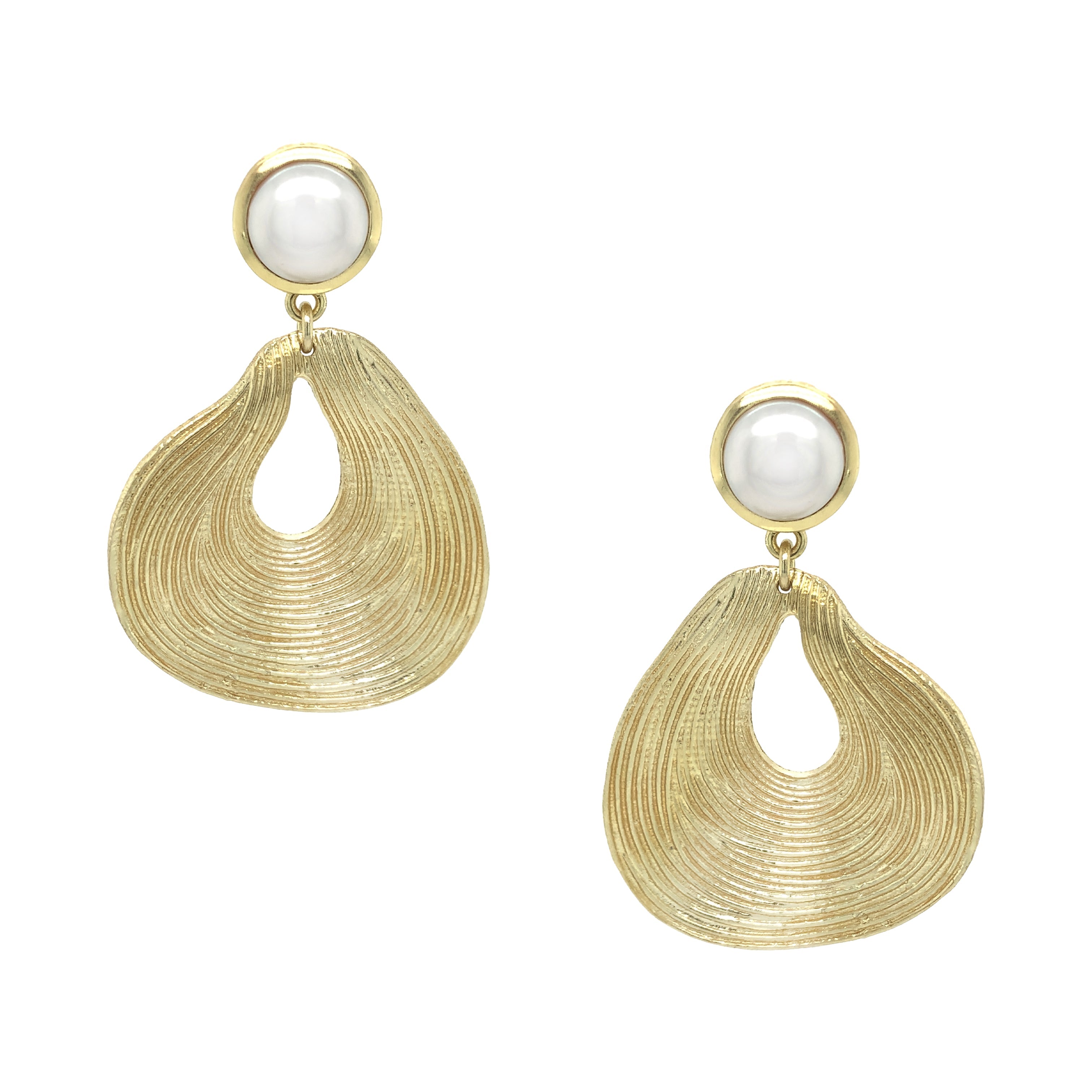 Textured Organic Shape With Pearl Top Pierced Earrings 18K Yellow Gold Plated 2" Length X 1.4" Width As worn by Drew Barrymore
