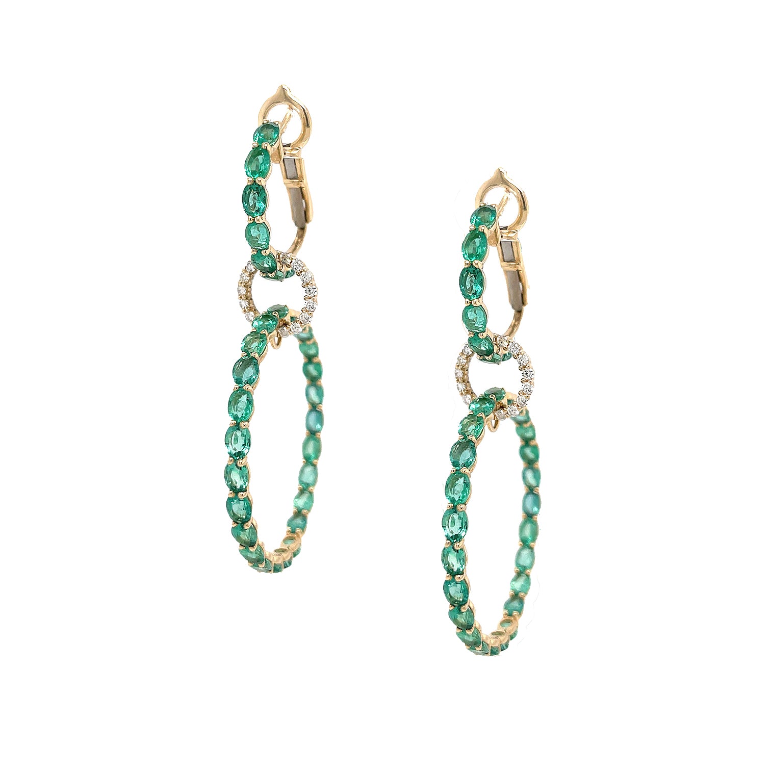 Triple Interlocking Pave Diamond & Emerald Hoop Earrings 14K Yellow Gold 9.90 Emerald Carat Weight 0.55 Diamond Carat Weight 2.36" Length Huggie: 0.80" Diameter Largest Hoop: 1.40" Diameter Pierced