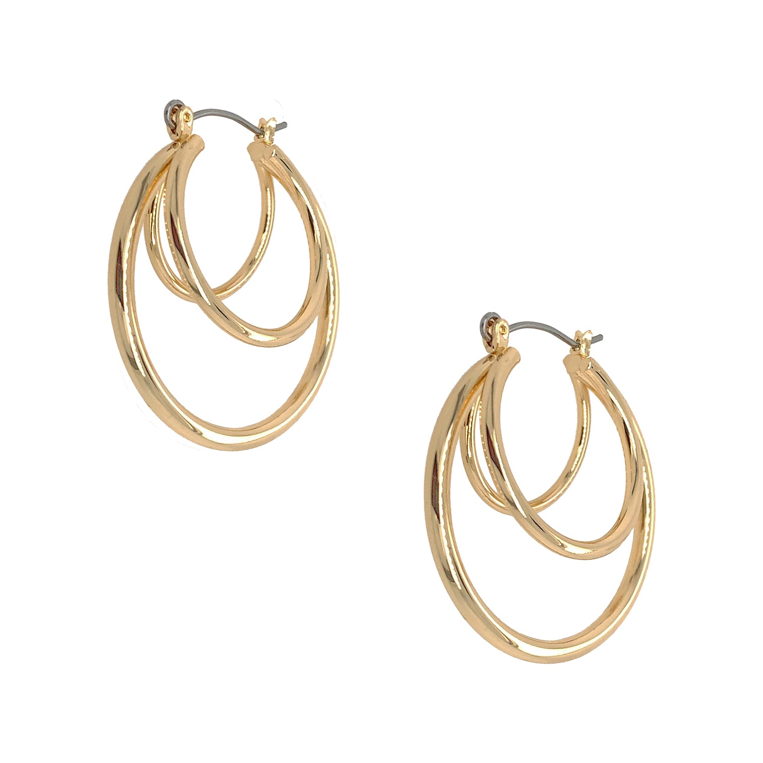 Triple Hoop Pierced Earrings Yellow Gold Plated 1.25" Diameter