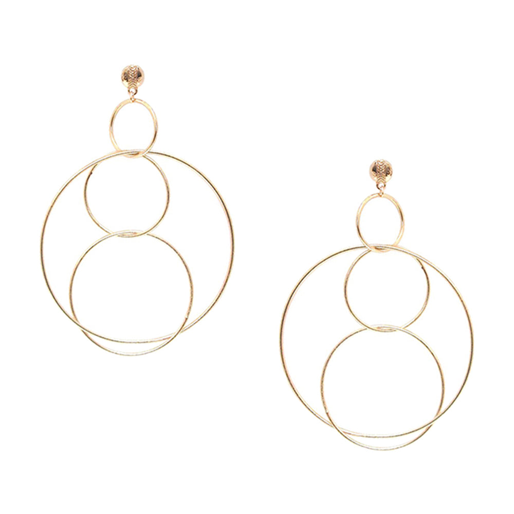 Multi Circle Statement Lightweight Pierced Earrings Yellow Gold Plated 2.95" Long X 2.02" Wide
