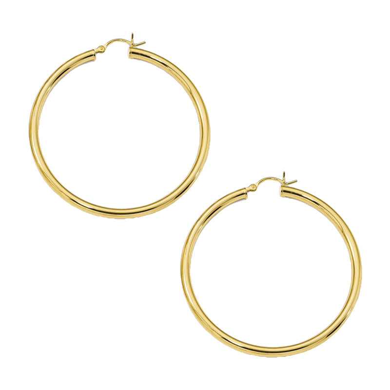 Medium Hoop Pierced Earrings Yellow Gold Plated Over Silver 2" Diameter 3MM Thick