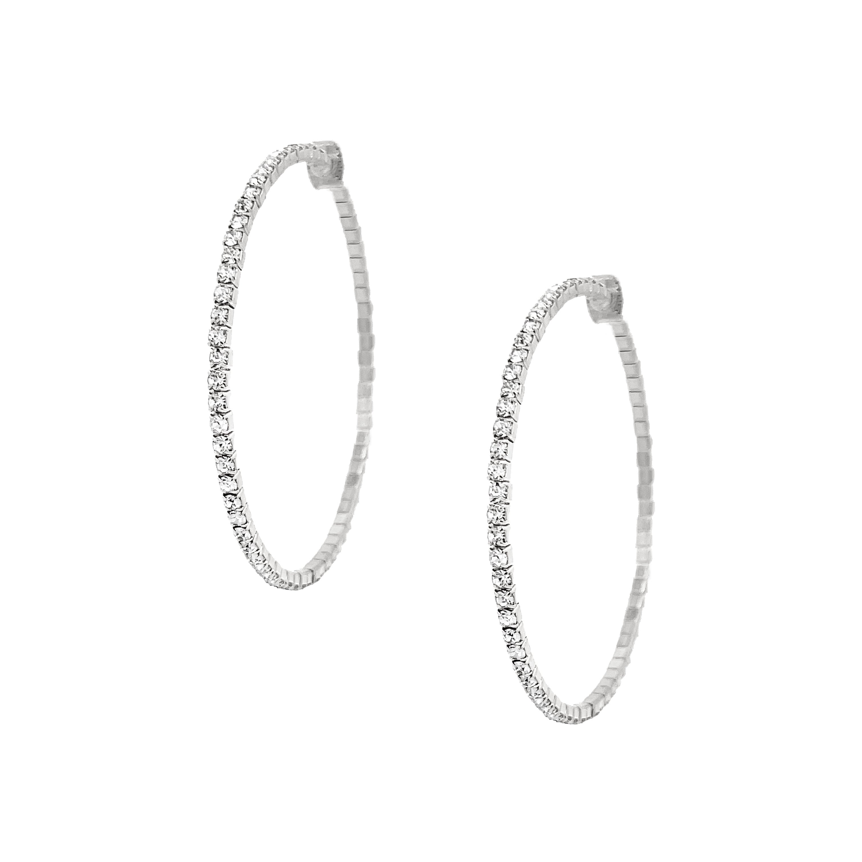 Medium Pave Sparkle Hoop Pierced Earrings White Gold Plated 1.97" Diameter Butterfly earring back attached