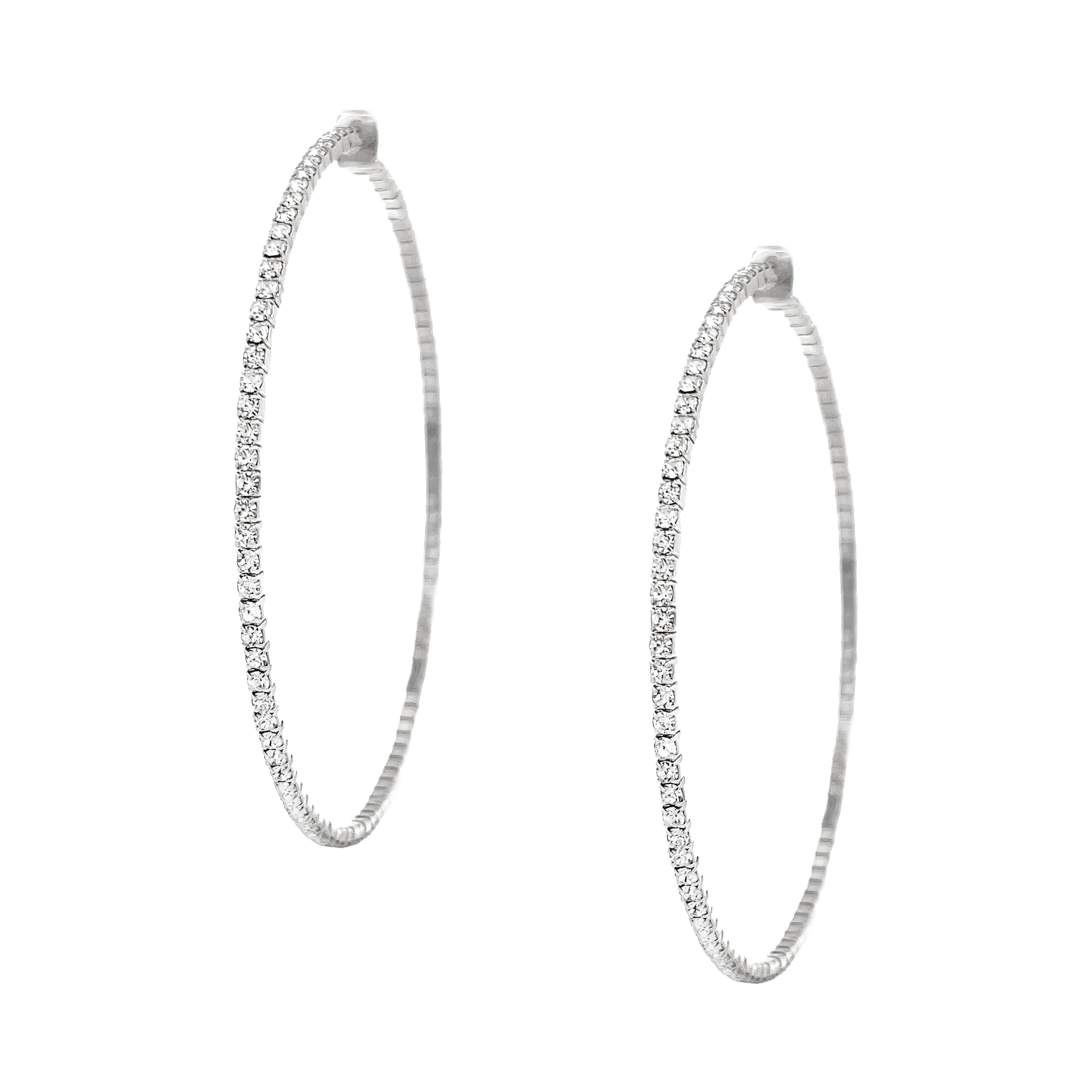 Large Pave Sparkle Hoop Pierced Earrings White Gold Plated 2.75" Diameter Butterfly earring back attached