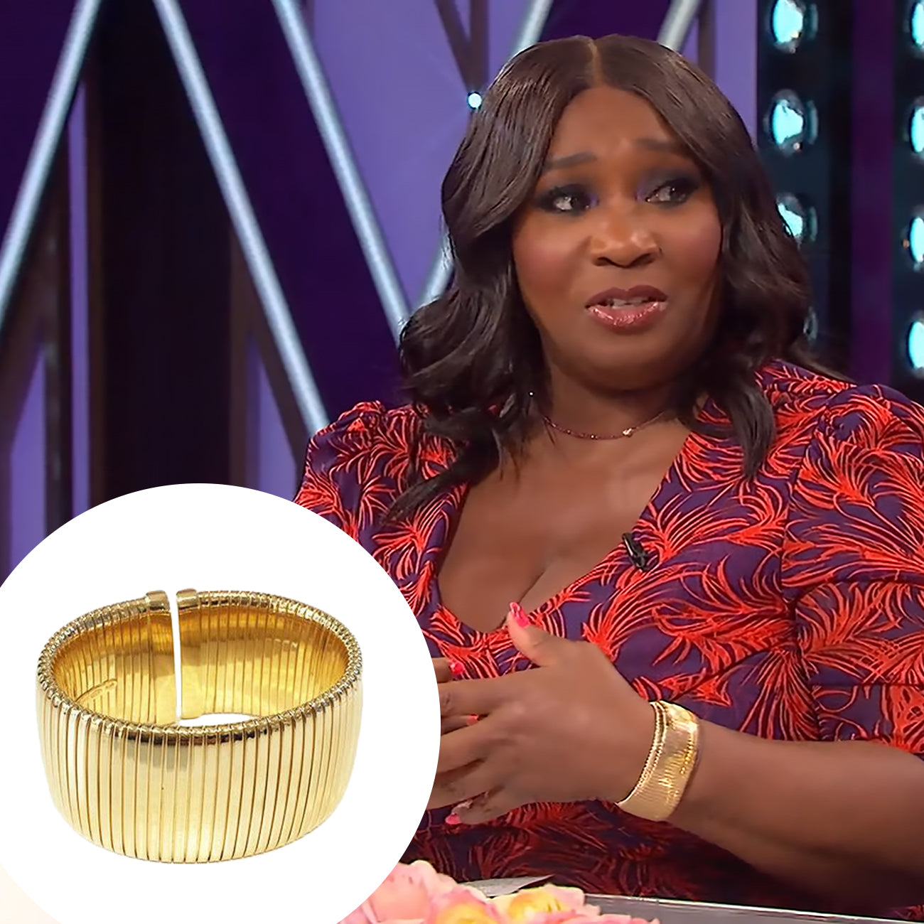 Wide Flat Cuff Bracelet Yellow Gold Plated Over Silver Oval Shape: 2.22” X 1.76” 1.30” Width 0.50-0.75” Flexible Opening As worn by Bevy Smith