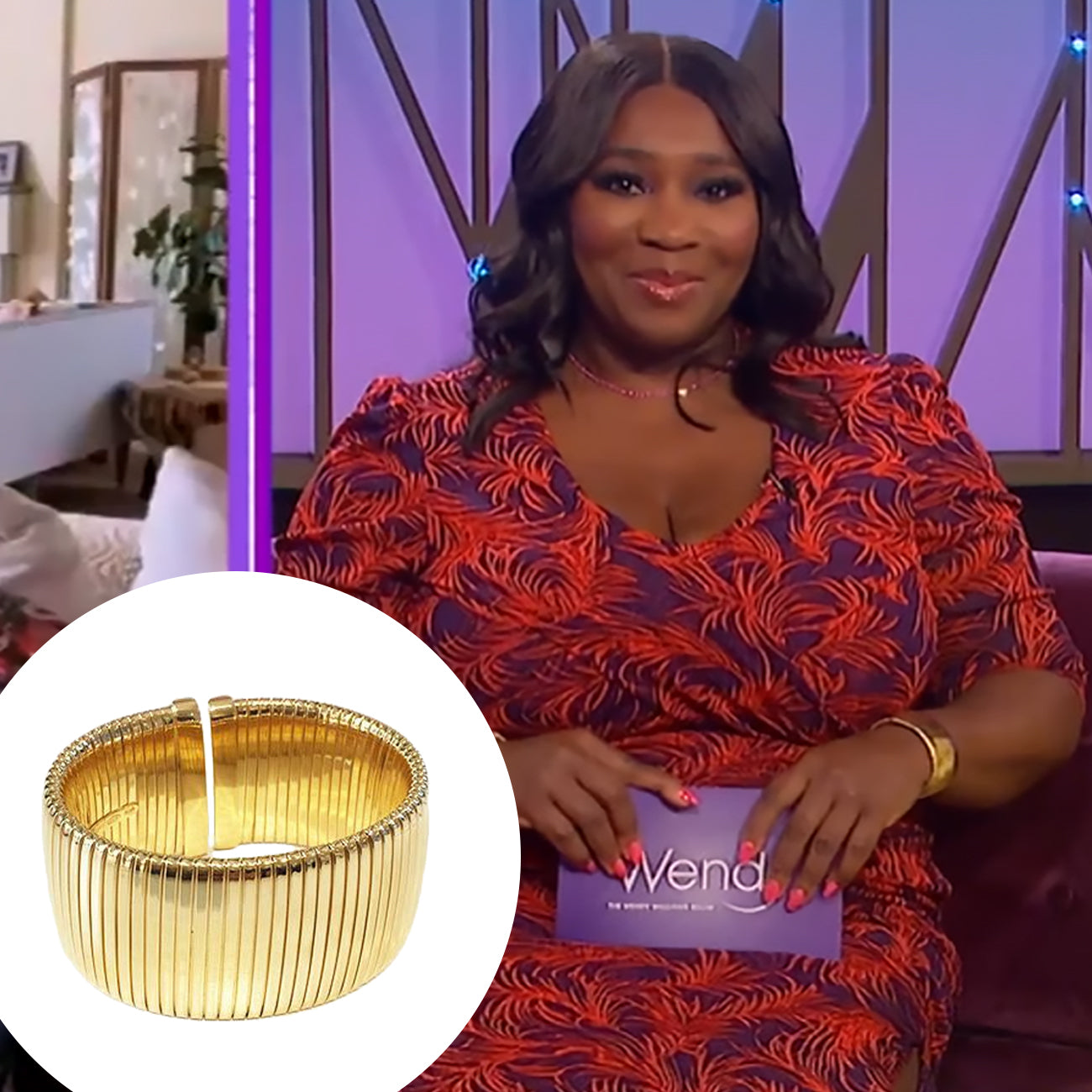 Wide Flat Cuff Bracelet Yellow Gold Plated Over Silver Oval Shape: 2.22” X 1.76” 1.30” Width 0.50-0.75” Flexible Opening As worn by Bevy Smith