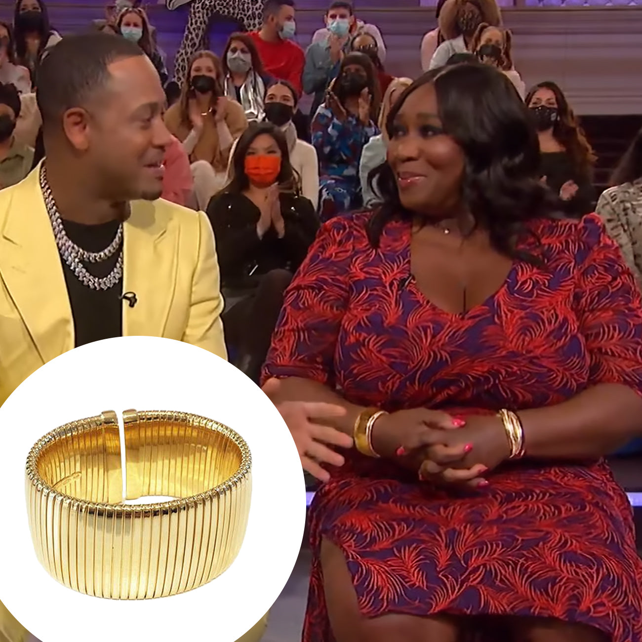 Wide Flat Cuff Bracelet Yellow Gold Plated Over Silver Oval Shape: 2.22” X 1.76” 1.30” Width 0.50-0.75” Flexible Opening As worn by Bevy Smith