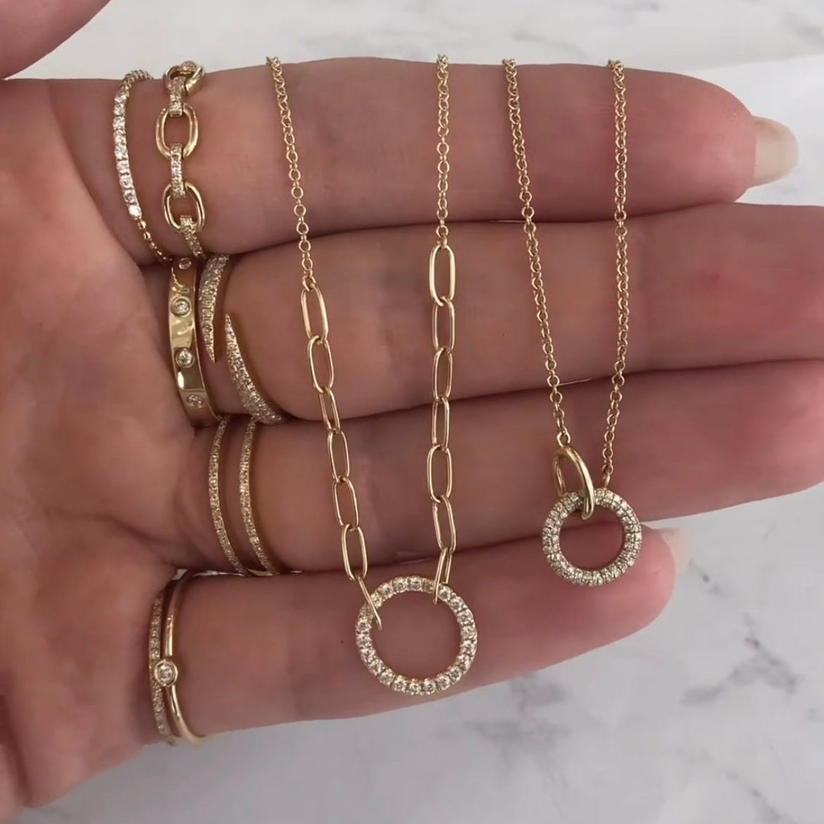 14K Gold Pave Diamond Interlocking Chain Necklace 14K Yellow Gold 0.13 Diamond Carat Weight Ring: 0.38" Diameter 0.08" Thick