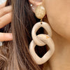 Taupe Resin Link Gold Marble Top Clip On Earrings  Yellow Gold Plated 3.88" Long X 1.61" Wide