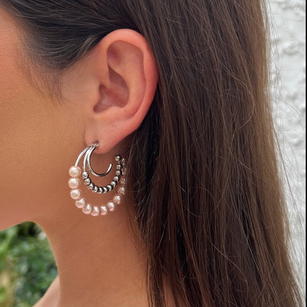 Pink & Gold Beaded Triple Hoop Earrings Yellow Gold or White Gold Plating Faux Pink Pearl 1.52" Length X 1.58" Width Pierced