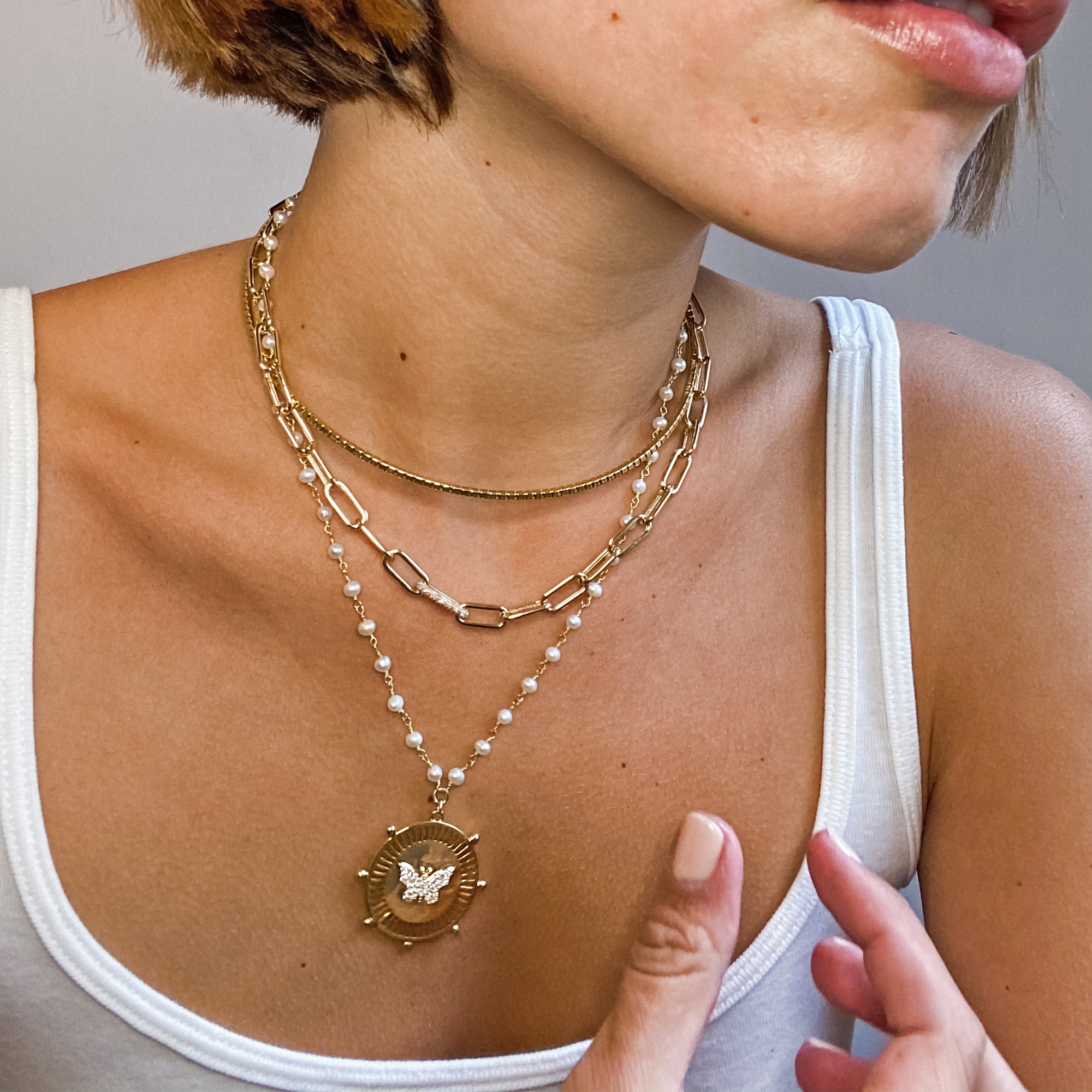 Butterfly & Pearl Disc Necklace