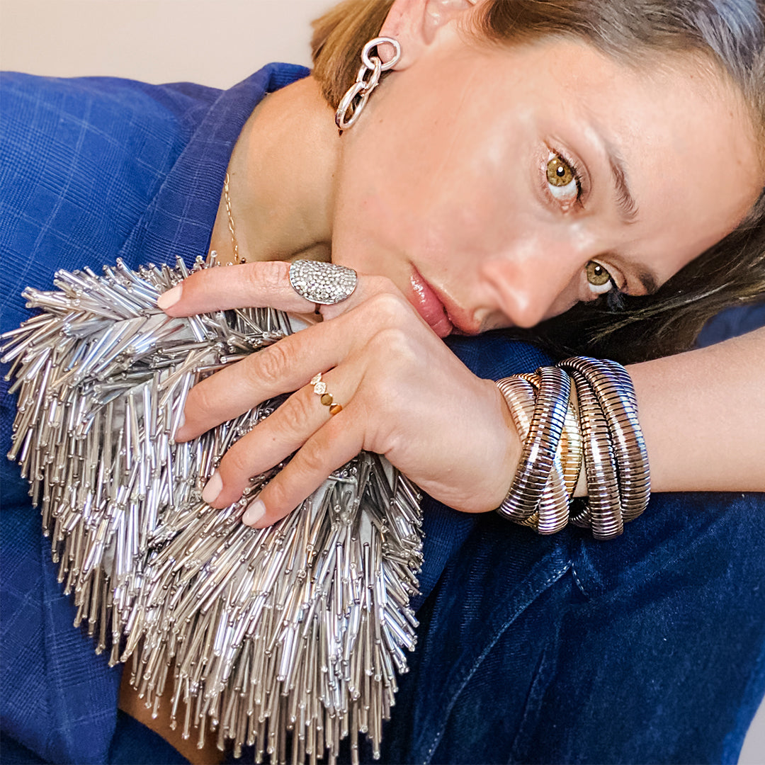 Pewter Fringe Beaded Clutch 8.2" Length X 5" Width Strap Included