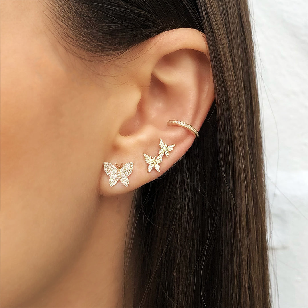 Diamond Butterfly Stud Pierced Earrings  14K Yellow Gold 0.16 Diamond Carat Weight Single Butterfly: 0.25" Long X 0.25" Wide Double Butterfly: 0.5" Long X 0.25" Wide