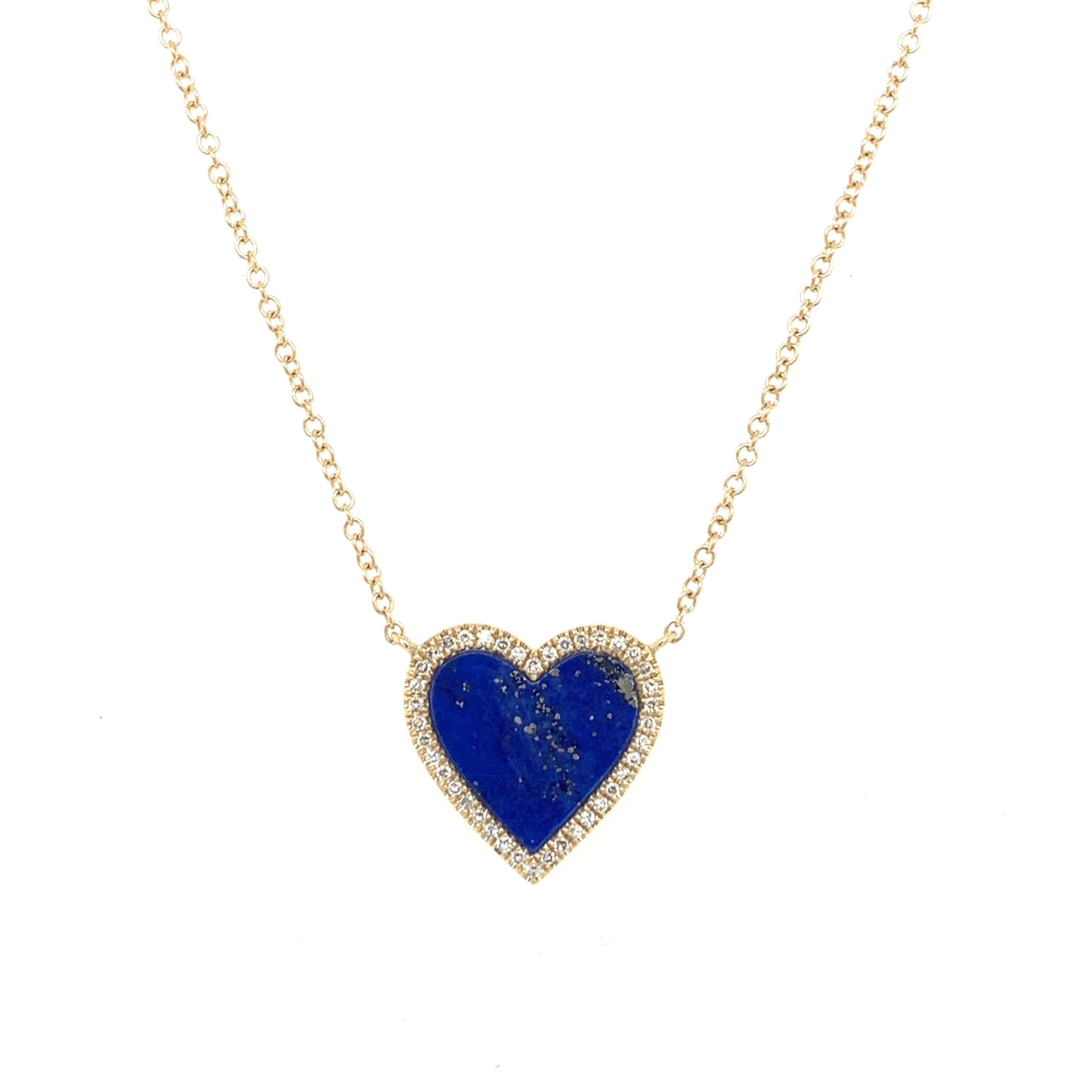 Lapis & Diamond Heart Chain Necklace 14K Yellow Gold 0.10 Diamond Carat Weight 0.85 Lapis Carat Weight Heart: 0.52" Length X 0.52" Width Chain: 15.5"-17.5" Length