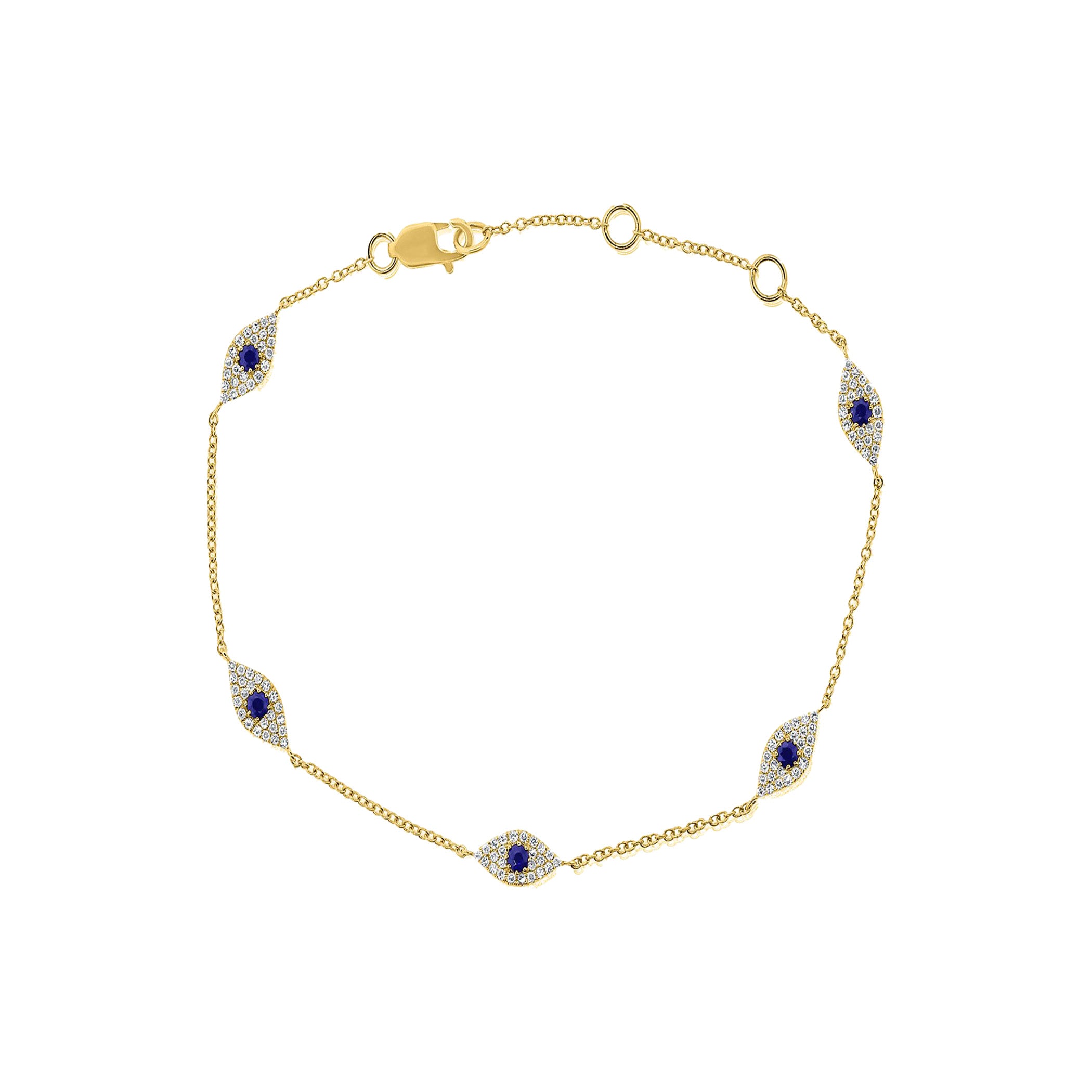 Diamond & Sapphire Multi Mini Eyes Bracelet 14K Yellow Gold 0.29 Blue Sapphire Carat Weight 0.34 Diamond Carat Weight Chain: 7" Long Eye: 9 MM Long X 4.2MM Wide
