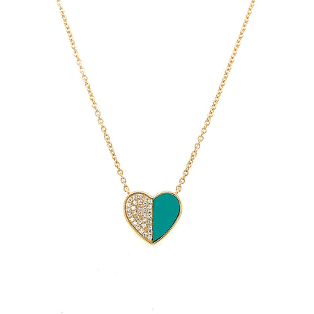 Half Turquoise & Half Pave Diamond Heart Chain Necklace  14K Yellow Gold 5.0 Turquoise Carat Weight 0.12 Diamond Carat Weight Heart: 0.40" High X 0.44" Wide Chain: 16-18" Length