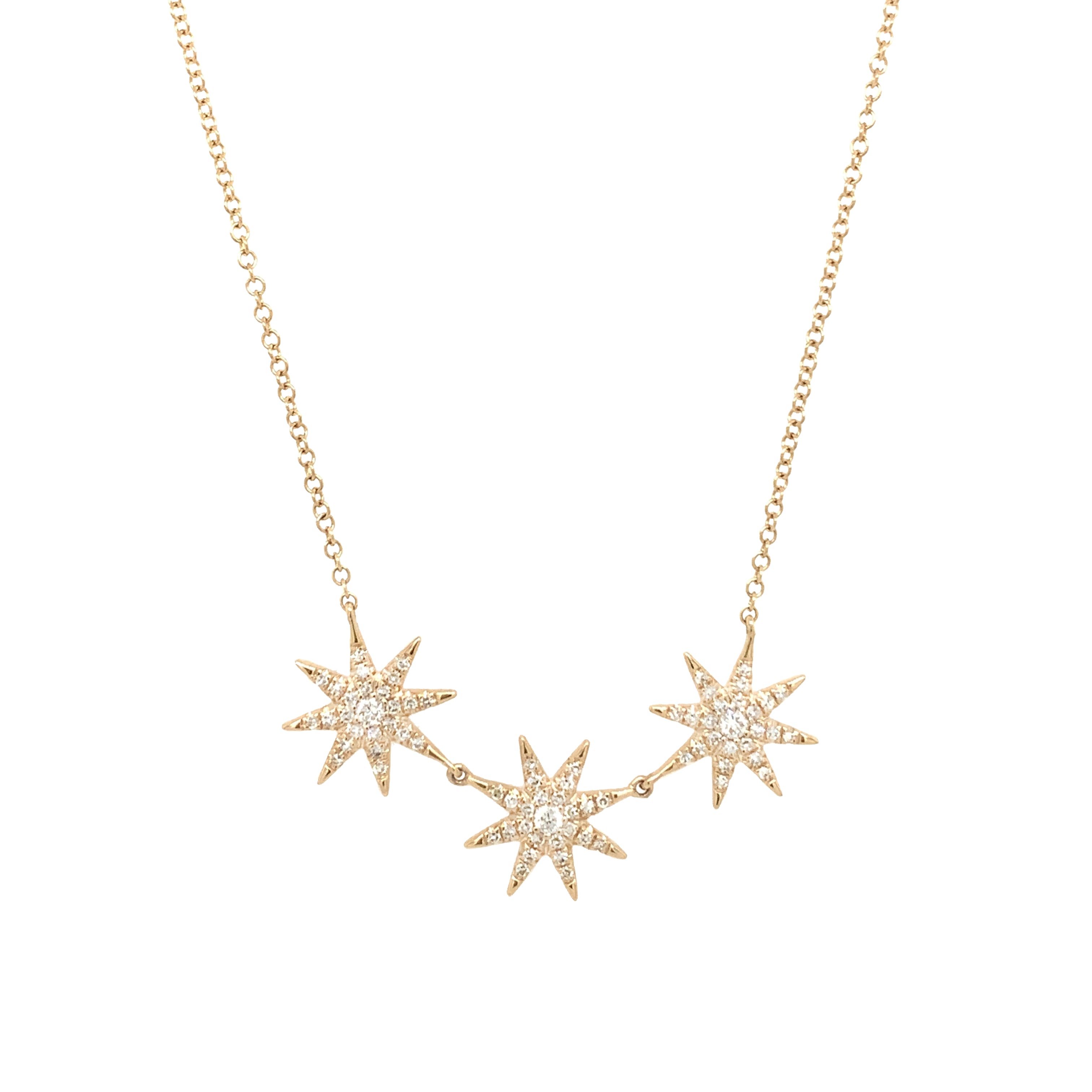 Yellow Gold Diamond Starburst Necklace 14K Yellow Gold 0.27 Diamond Carat Weight Chain: 15.5-17.5" Long Stars Total: 1.42" Across X 0.40" Long