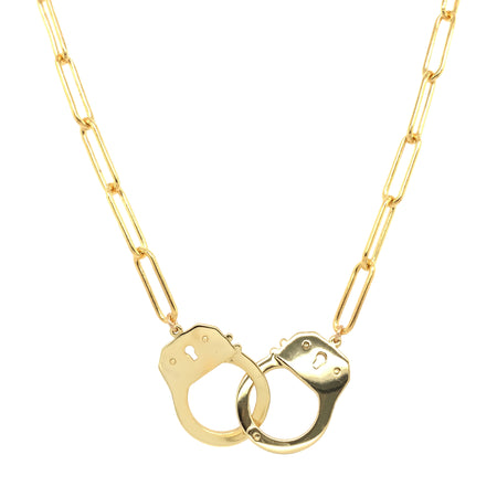 Handcuff Paperclip Chain Necklace  Yellow Gold Plated Over Silver Chain: 15.5" Long Cuffs: 0.5" Long X 1.25" Wide