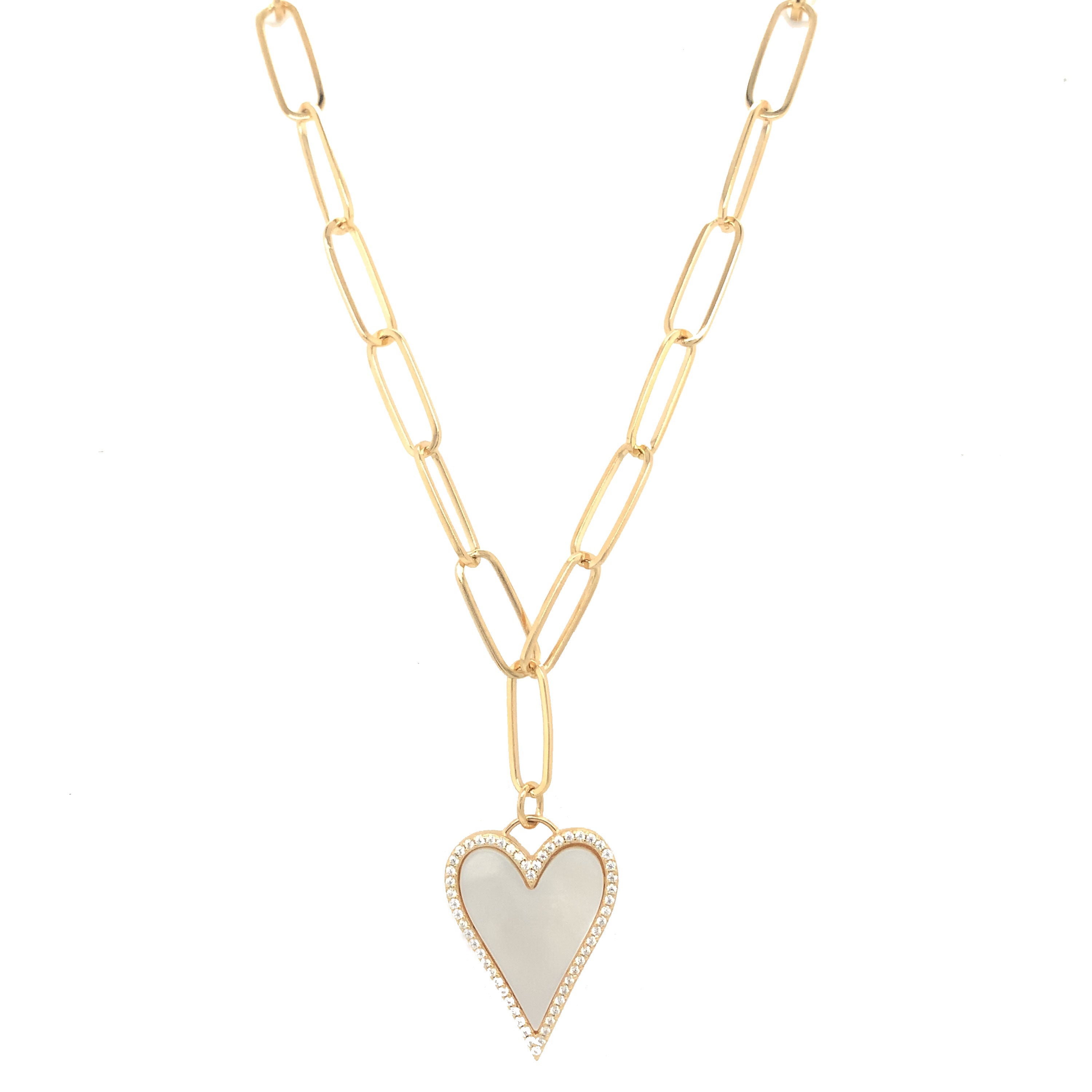 Yellow Gold Over Silver Mother of Pearl and CZ Heart Necklace on a Paperclip Chain Yellow Gold Plated Over Silver Heart: 0.92" Long X 0.72" Wide Chain: 16-18" Length Links: 0.57" Long X 0.22" Wide